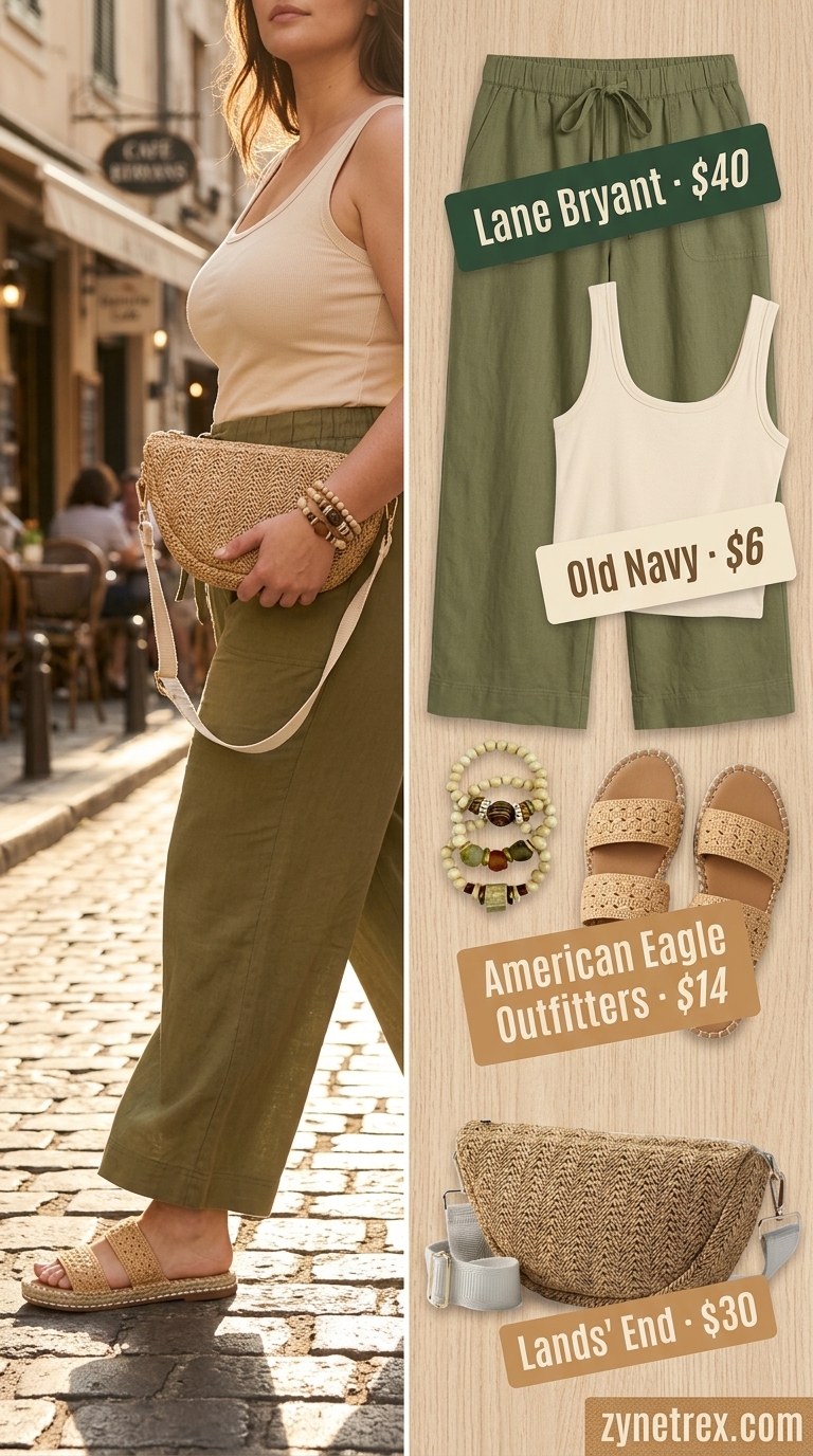 Casual plus size summer outfits for women 2026: Olive green linen pants, cream tank, straw bag for market day.