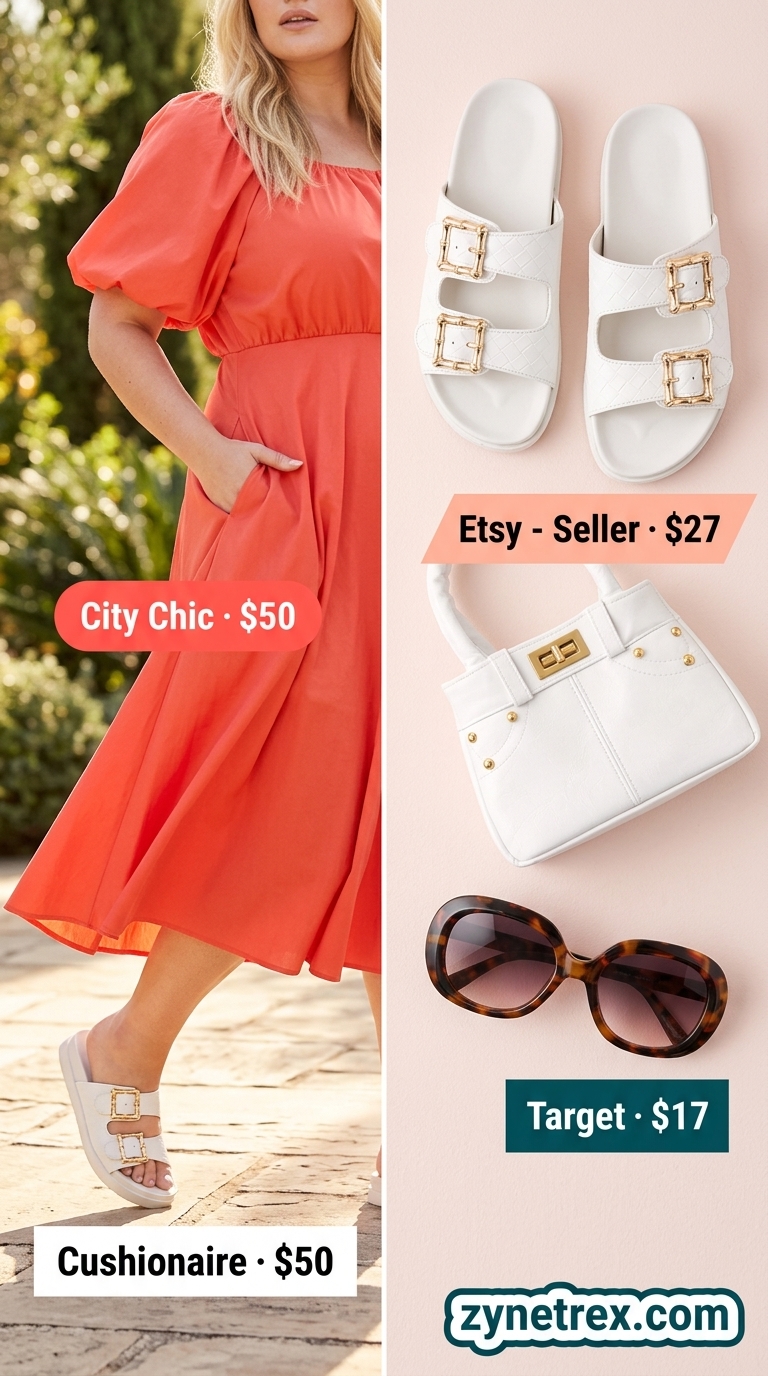 Casual plus size summer outfits for women 2026: Coral midi dress, white sandals, gold necklace for brunch.