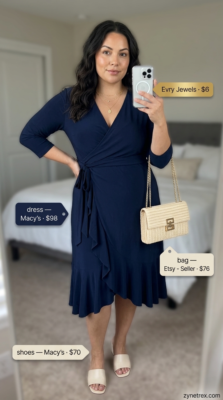 Casual plus size summer outfits for women 2026: Dusty blue midi dress, cream mules, tan clutch for date night.