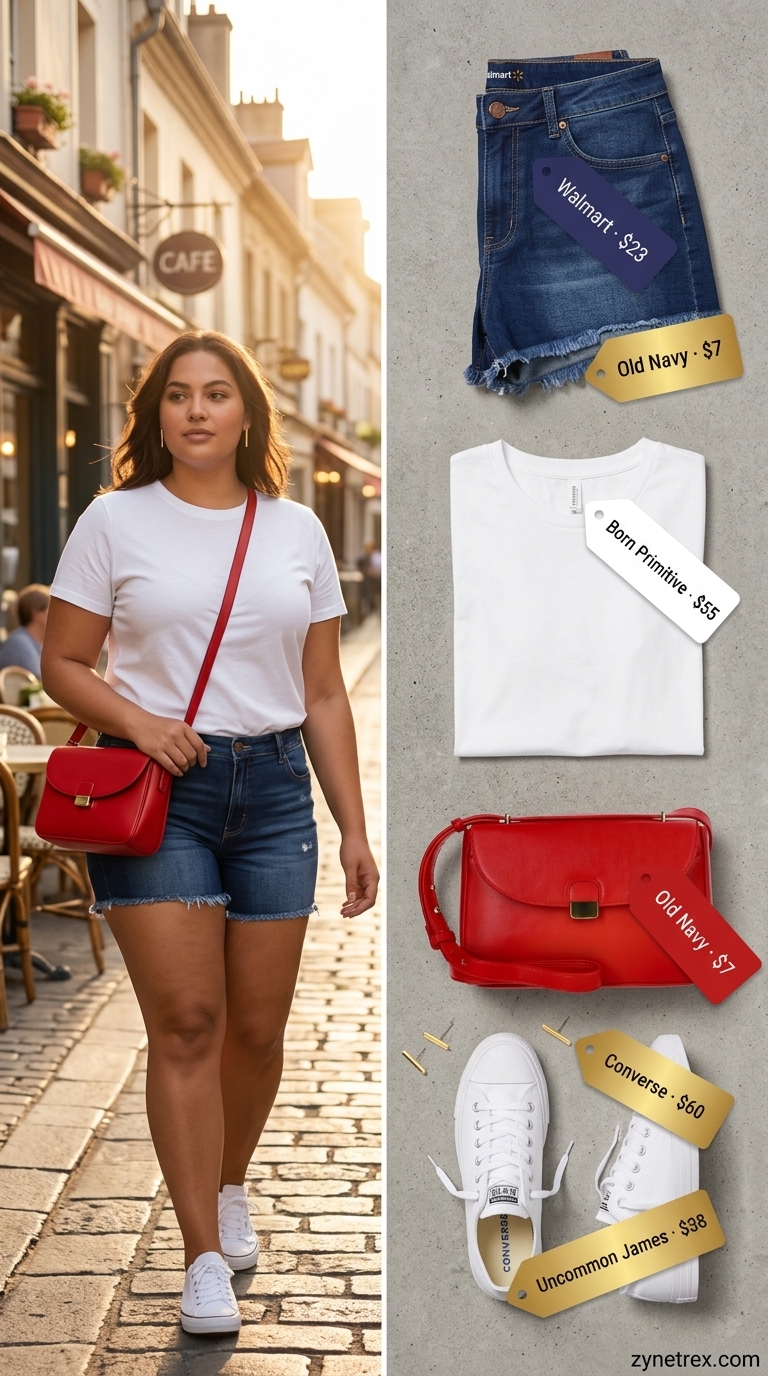 Casual plus size summer outfits for women 2026: Denim shorts, white tee, red crossbody for weekend errands.