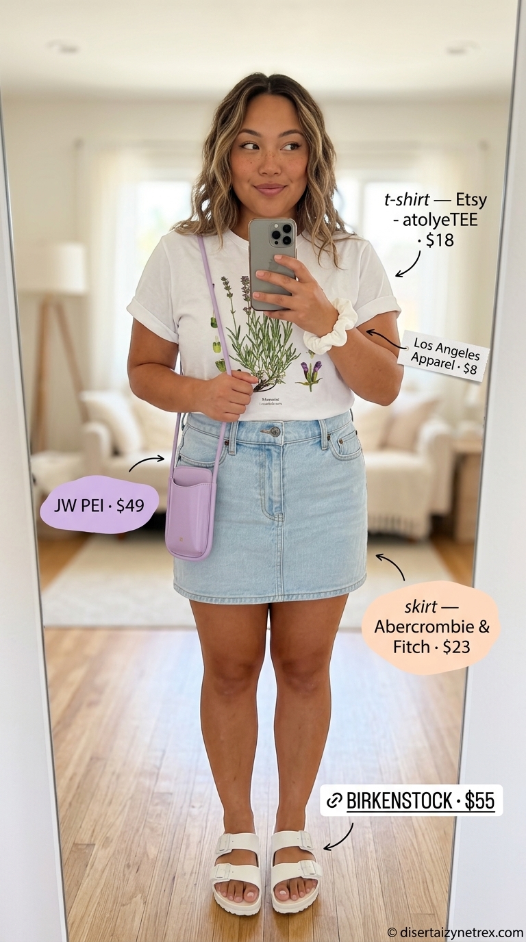 Casual plus size summer outfits for women 2026: Denim mini skirt, graphic tee, lavender bag for park picnic.
