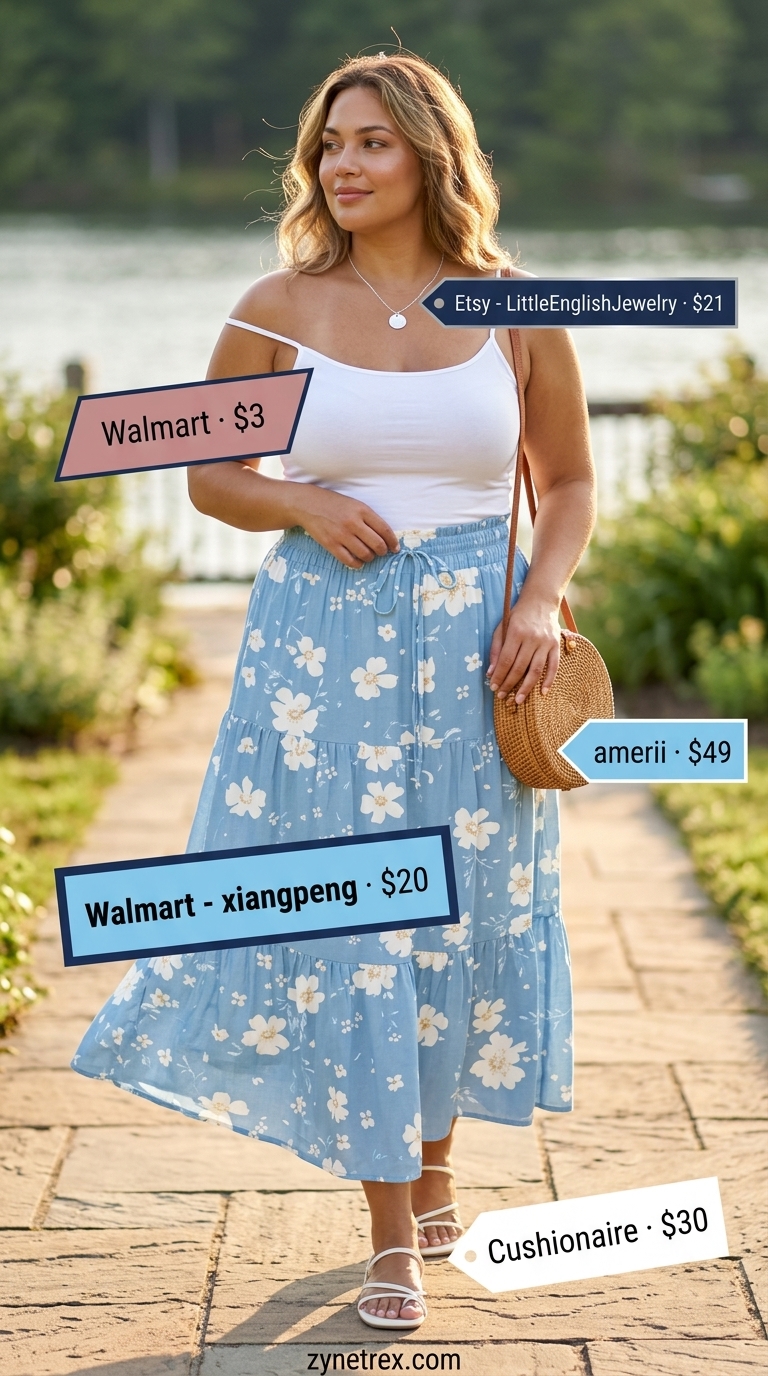 Casual plus size summer outfits for women 2026: Sky blue floral maxi skirt, white cami, straw bag for lakeside relaxing.
