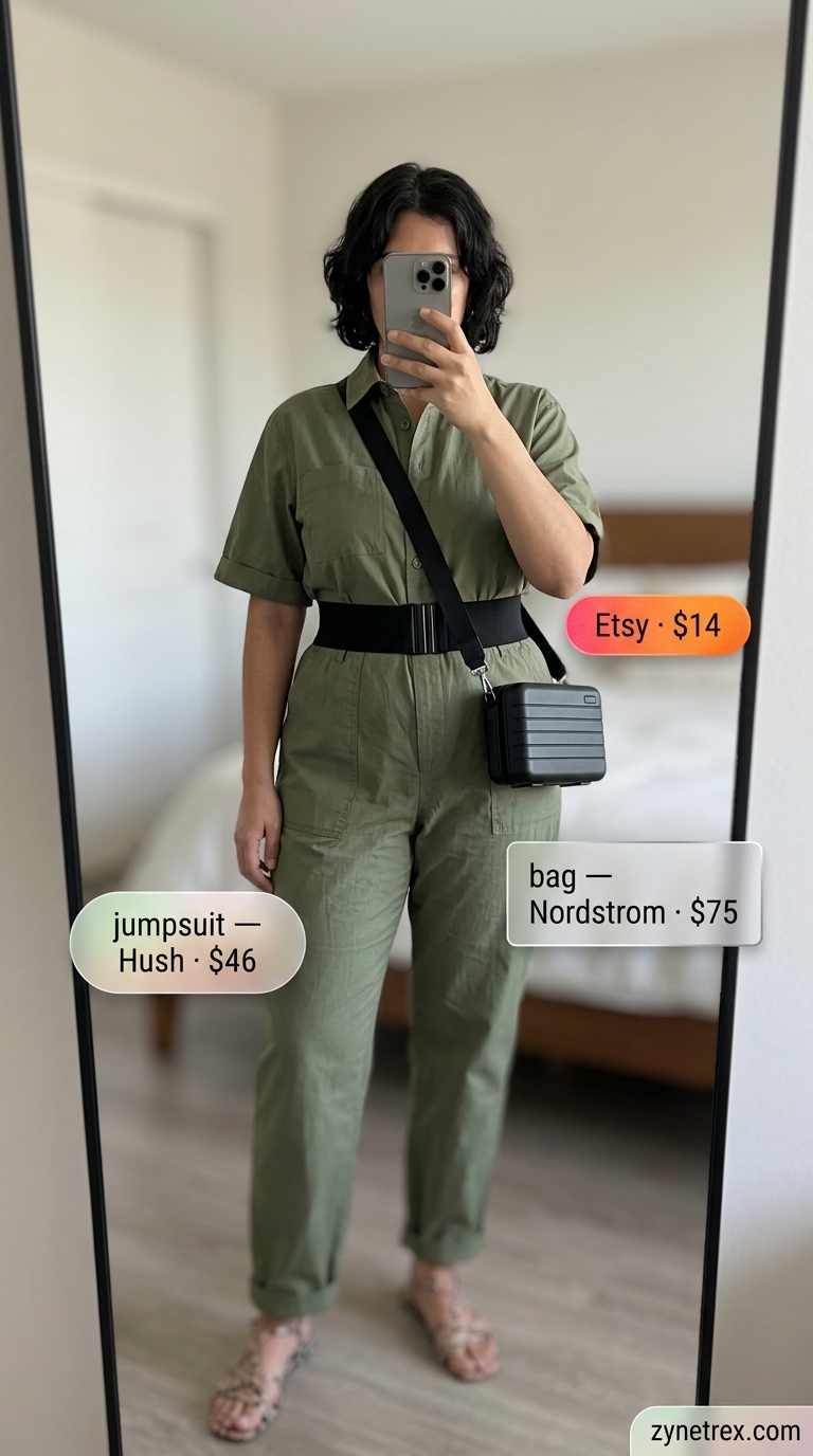 Casual plus size summer outfits for women 2026: Utility jumpsuit, belt, slide sandals, and crossbody bag for city sightseeing.