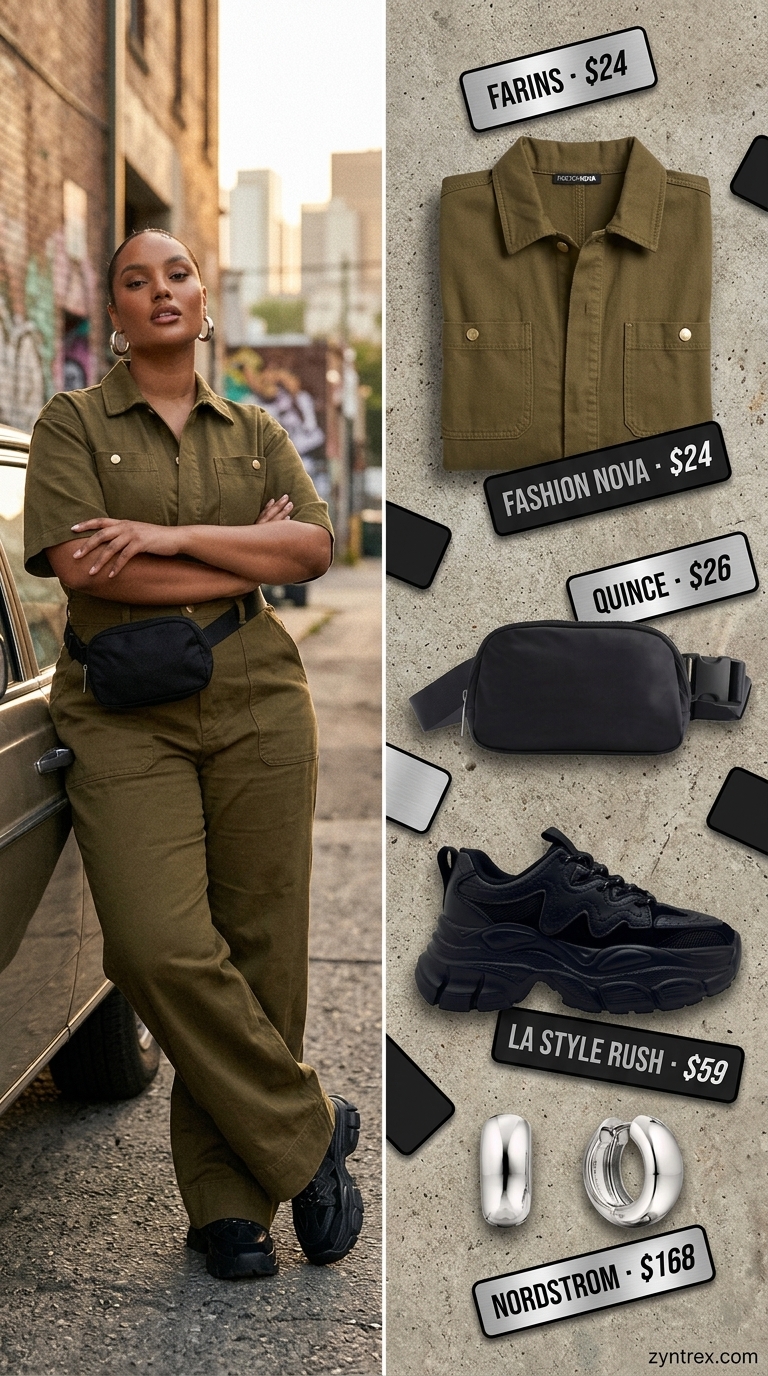 Casual plus size summer outfits for women 2026: Khaki utility jumpsuit, black sneakers, silver hoops for city exploration.