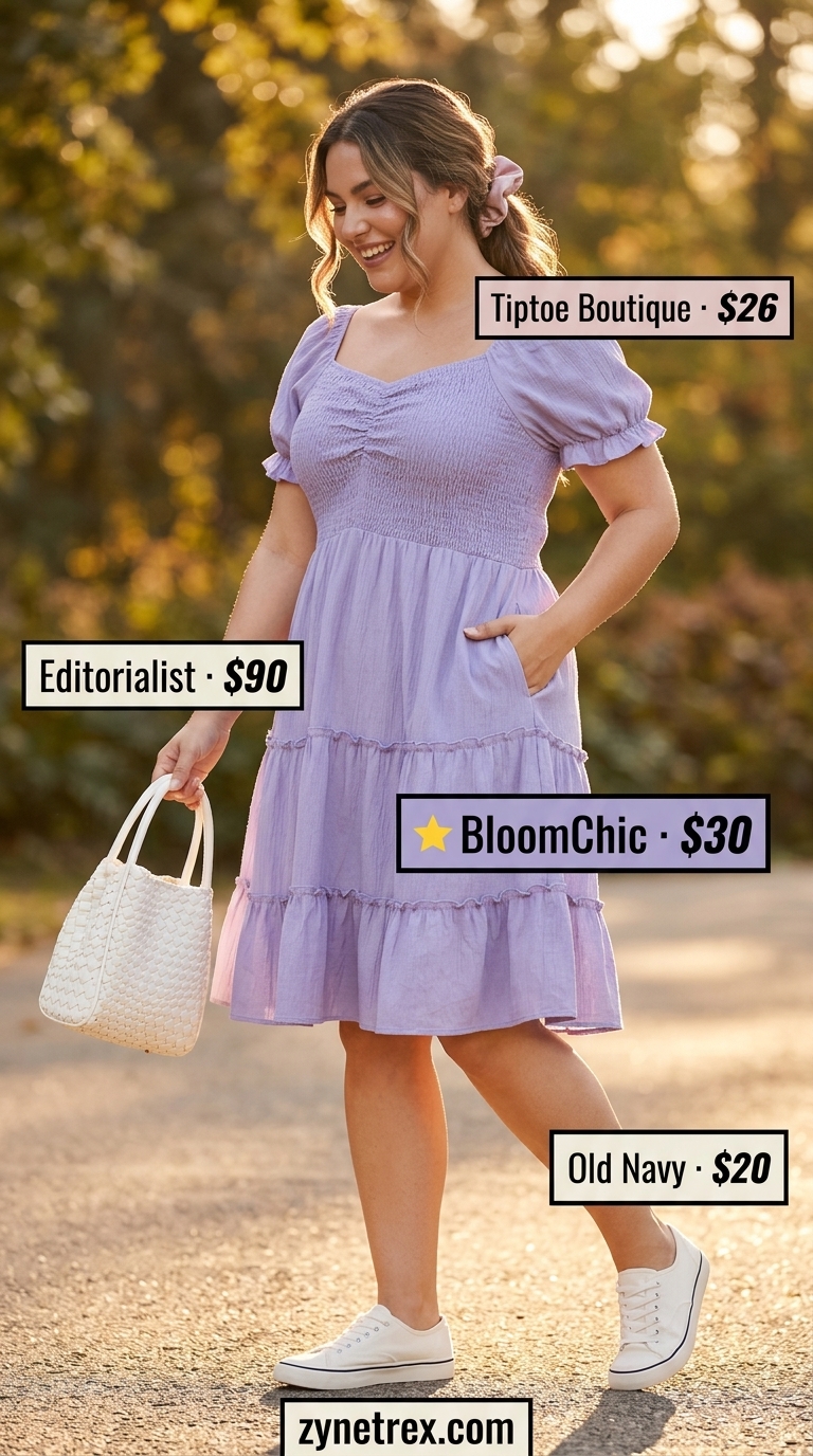 Casual plus size summer outfits for women 2026: Babydoll dress, sneakers, straw bag, and scrunchie for a park picnic.