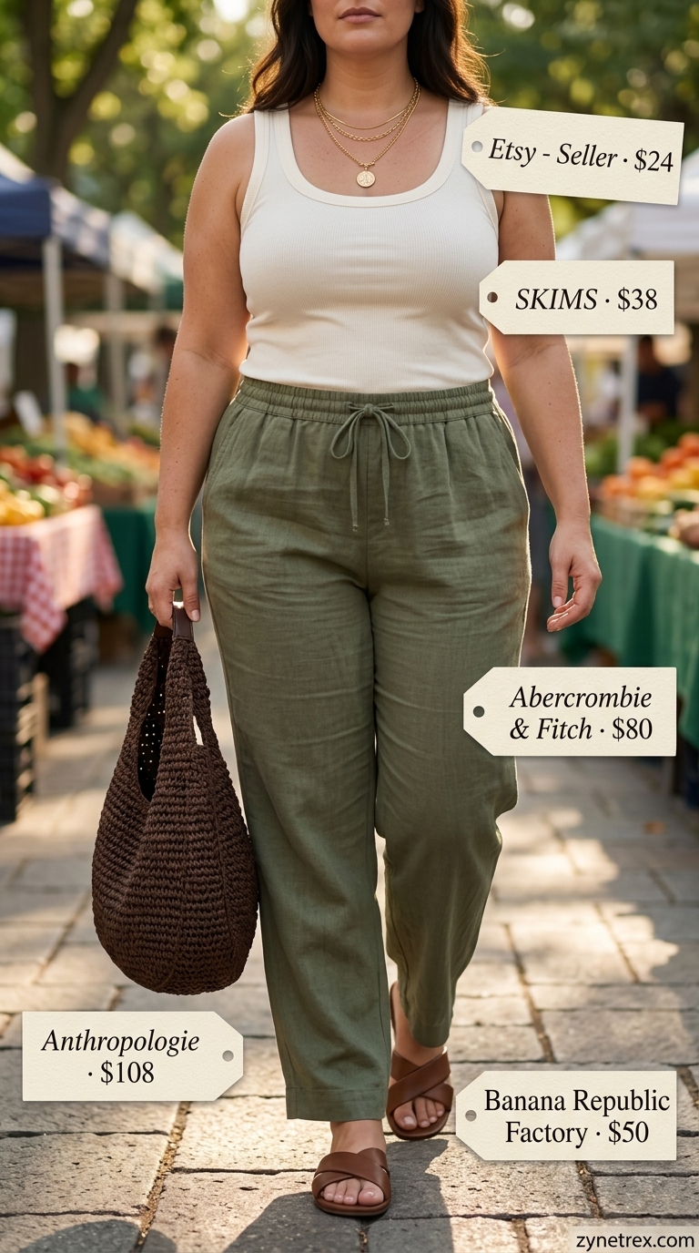 Casual plus size summer outfits for women 2026: Olive green wide-leg pants, cream tank, brown sandals for day out.