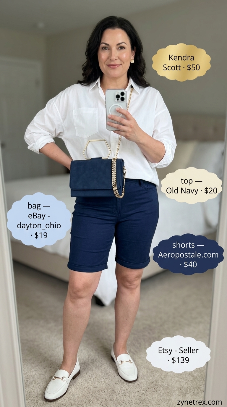 Casual plus size summer outfits for women 2026: Bermuda shorts, button-down shirt, loafers, and shoulder bag for lunch.