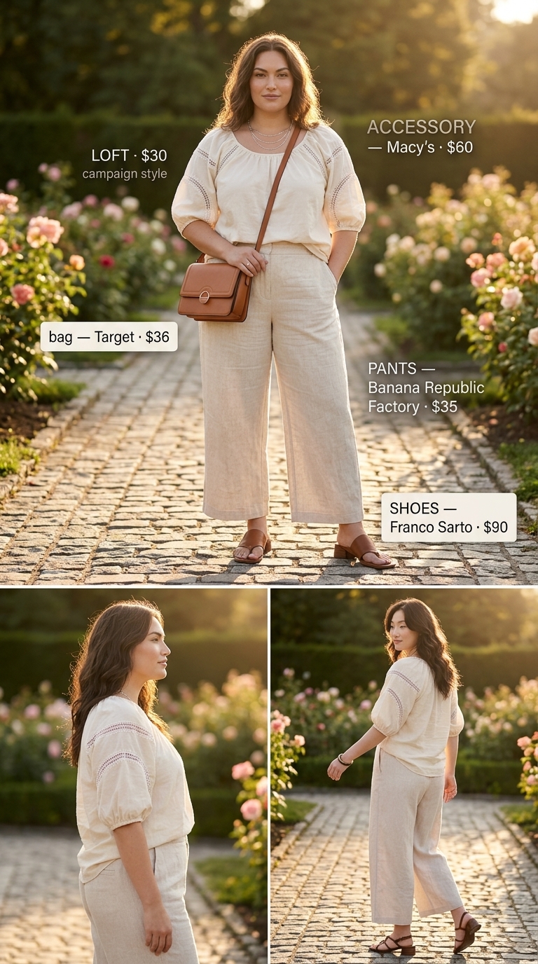 Casual plus size summer outfits for women 2026: Wide-leg pants, peasant blouse, sandals, and crossbody bag for a stroll.