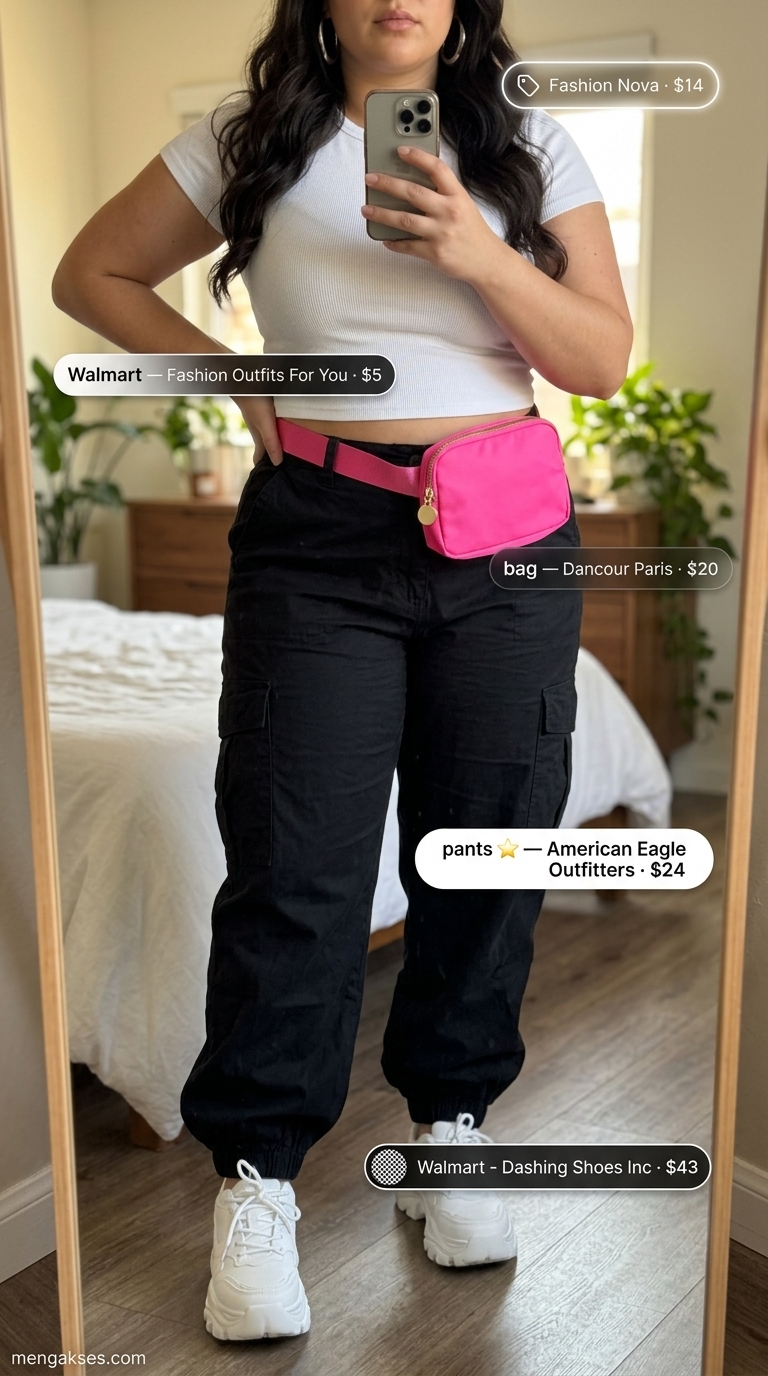 Casual plus size summer outfits for women 2026: Cargo pants, crop top, platform sneakers, and belt bag for a concert.