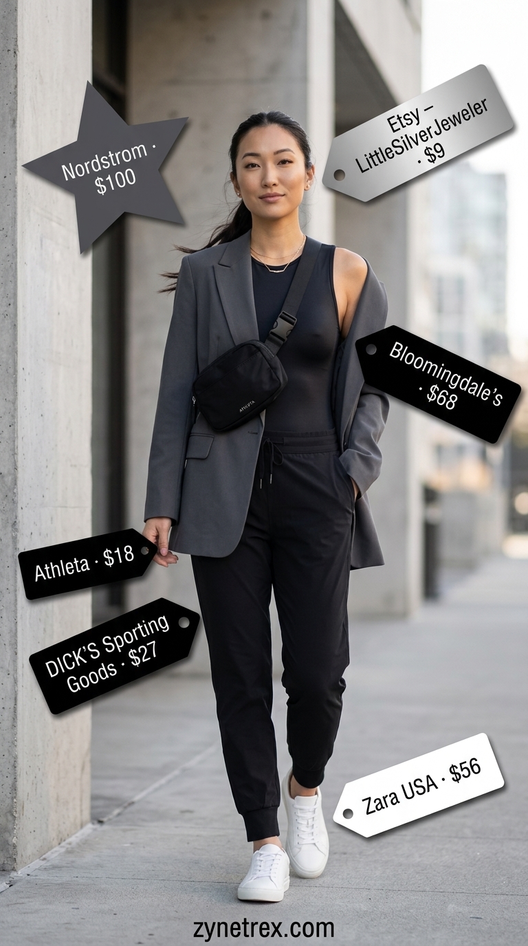 Elevated athleisure outfit with charcoal blazer, joggers, and sneakers for casual summer blazer outfits for women 2026.