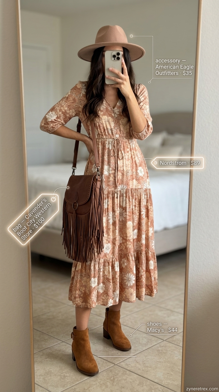 Bohemian floral midi dress with suede boots & felt hat for casual summer blazer outfits for women 2026.