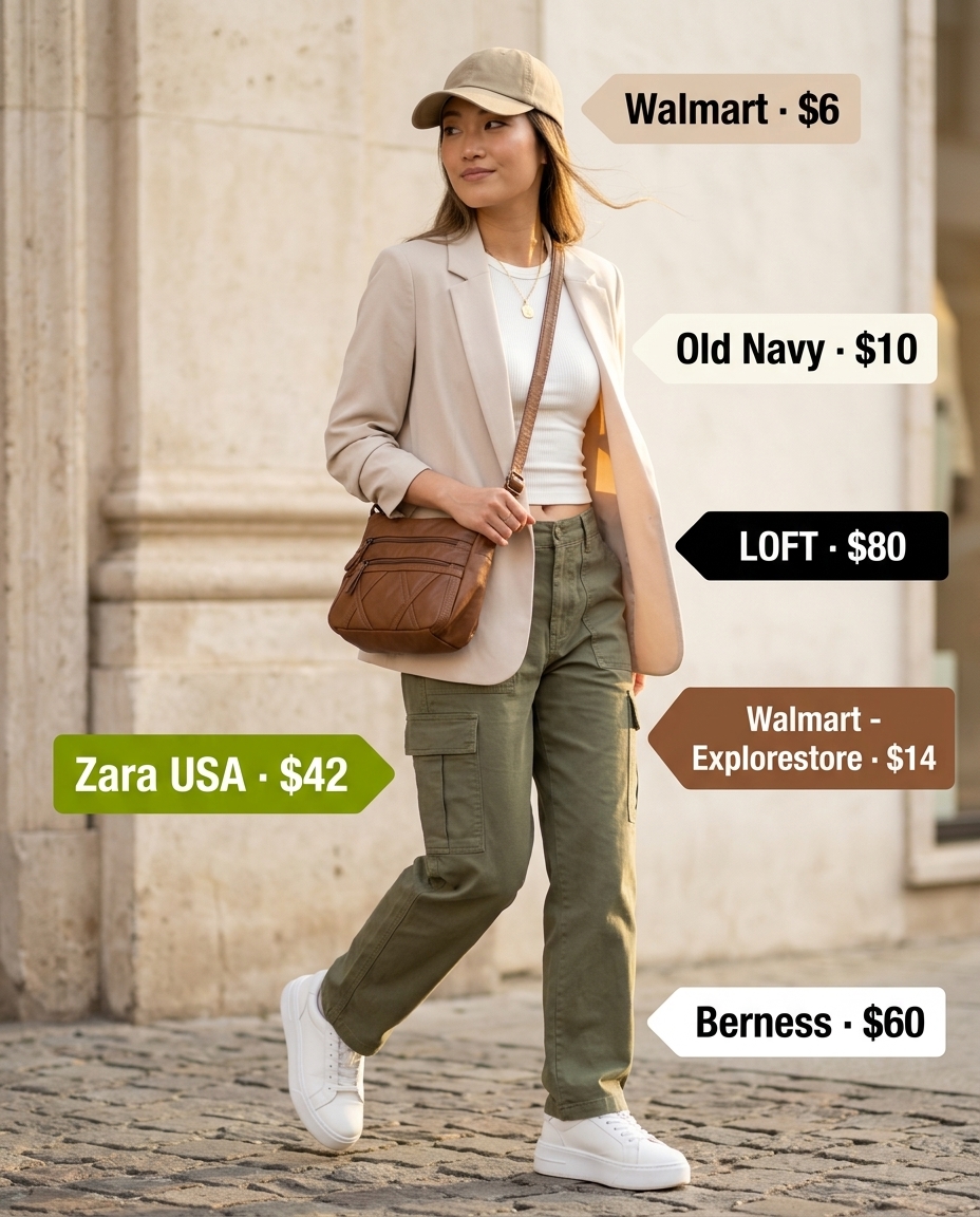 Casual cargo pants outfit with basic tee and sneakers for casual summer blazer outfits for women 2026.
