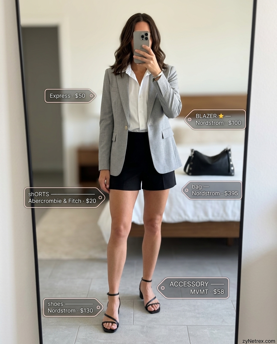City summer outfit with light grey blazer, tailored shorts, and button-down shirt for casual summer blazer outfits for women 2026.