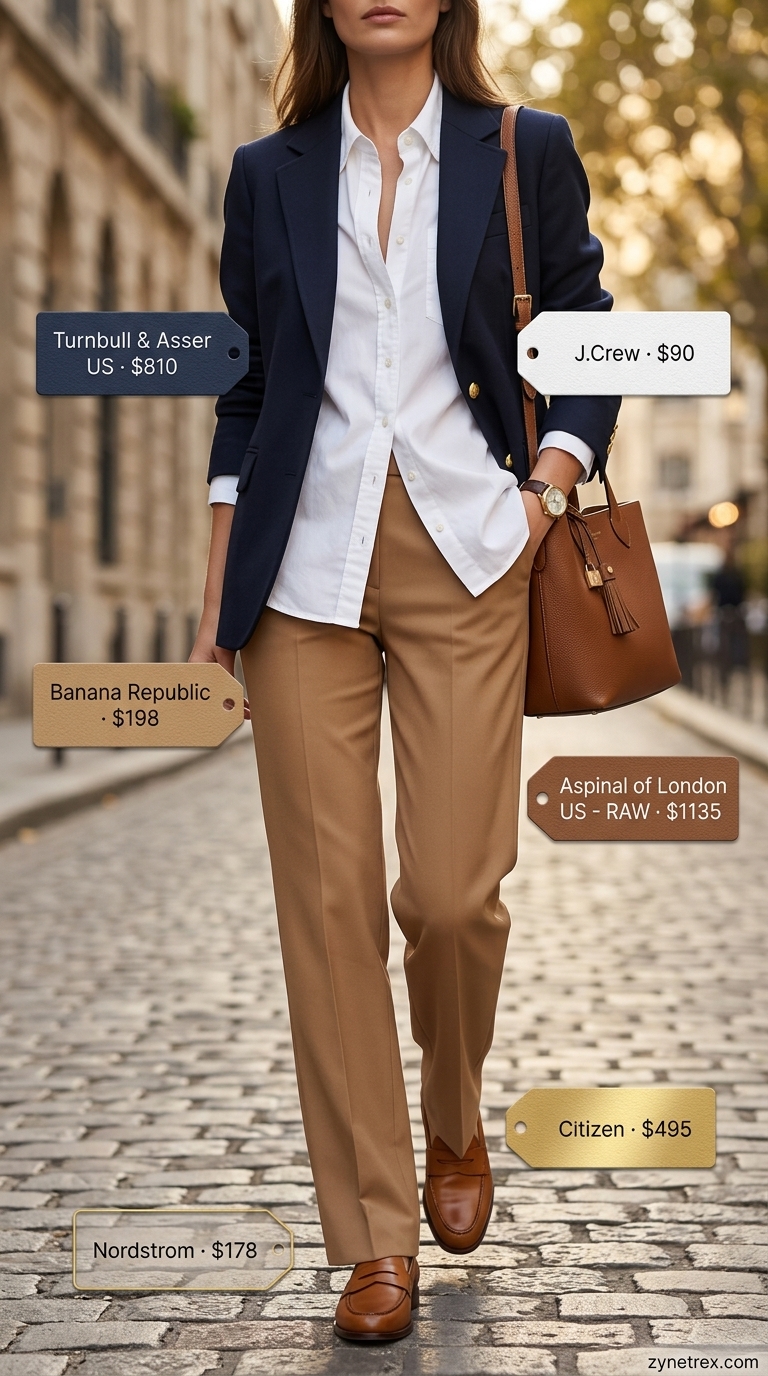 Chic city outfit with navy blazer, tailored trousers, and crisp shirt for casual summer blazer outfits for women 2026.