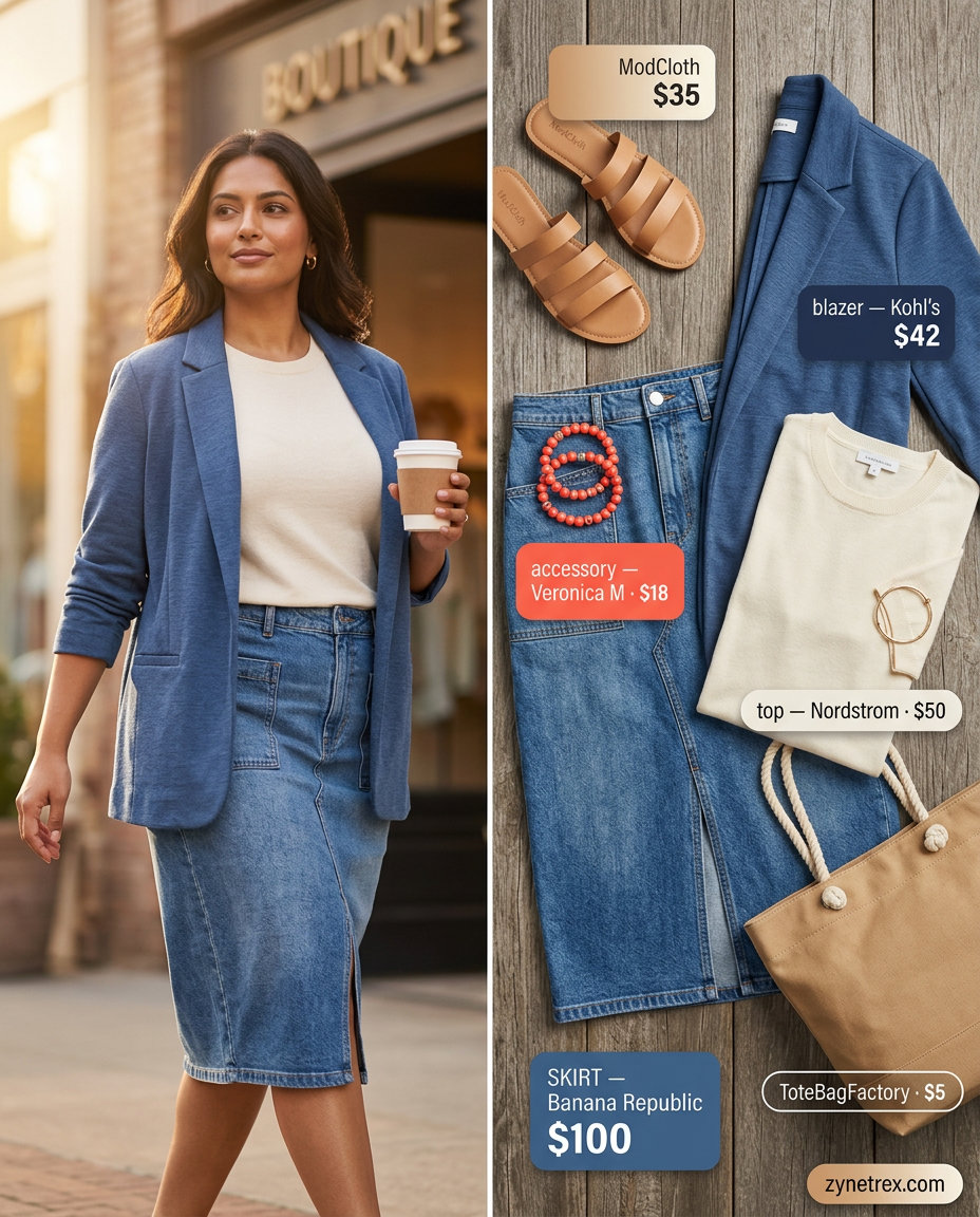 Coastal outfit with denim midi skirt, knit sweater, and canvas tote for casual summer blazer outfits for women 2026.