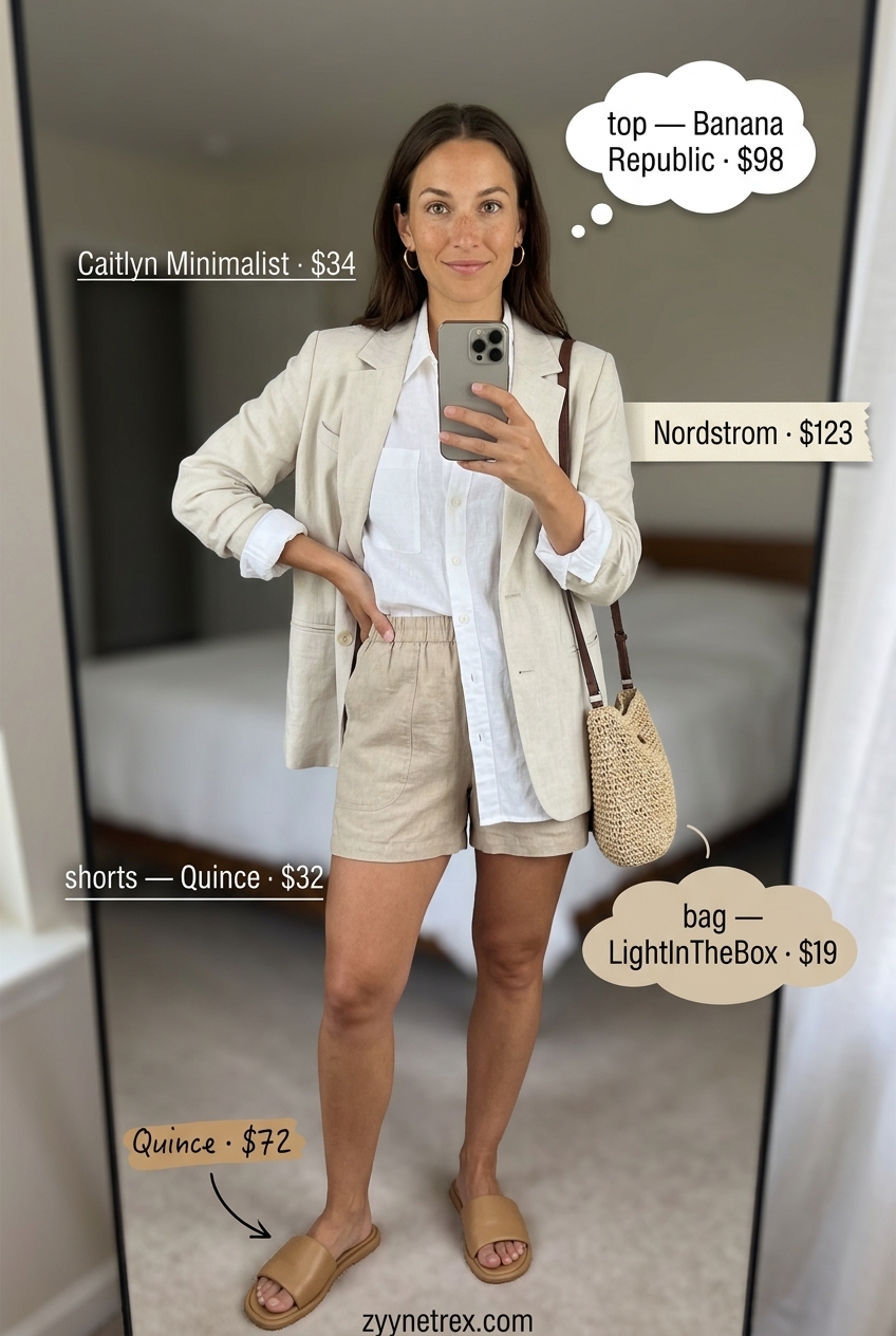Linen blazer, shorts, and shirt outfit for casual summer blazer outfits for women 2026. Beige and white.