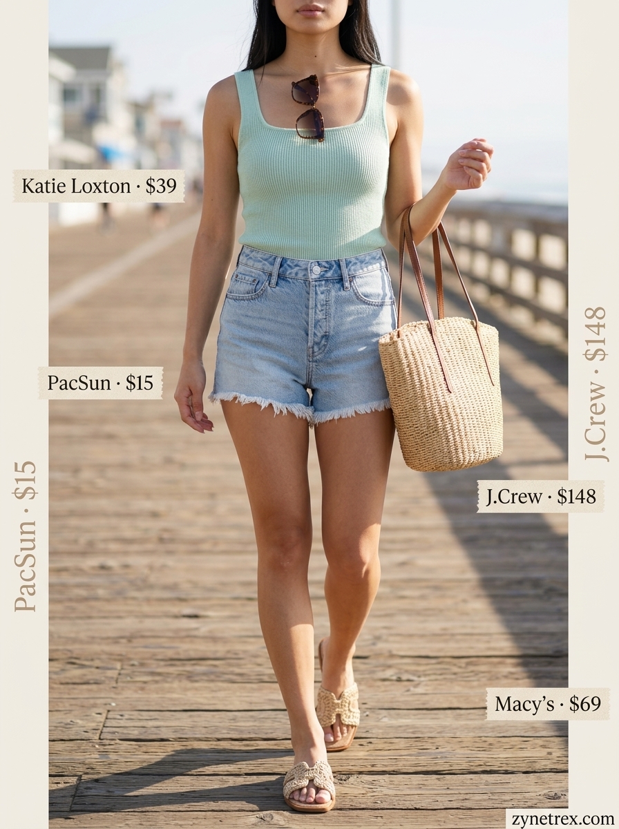 Coastal breeze outfit with mint green linen blazer, denim shorts, and straw tote for casual summer blazer outfits for women 2026.