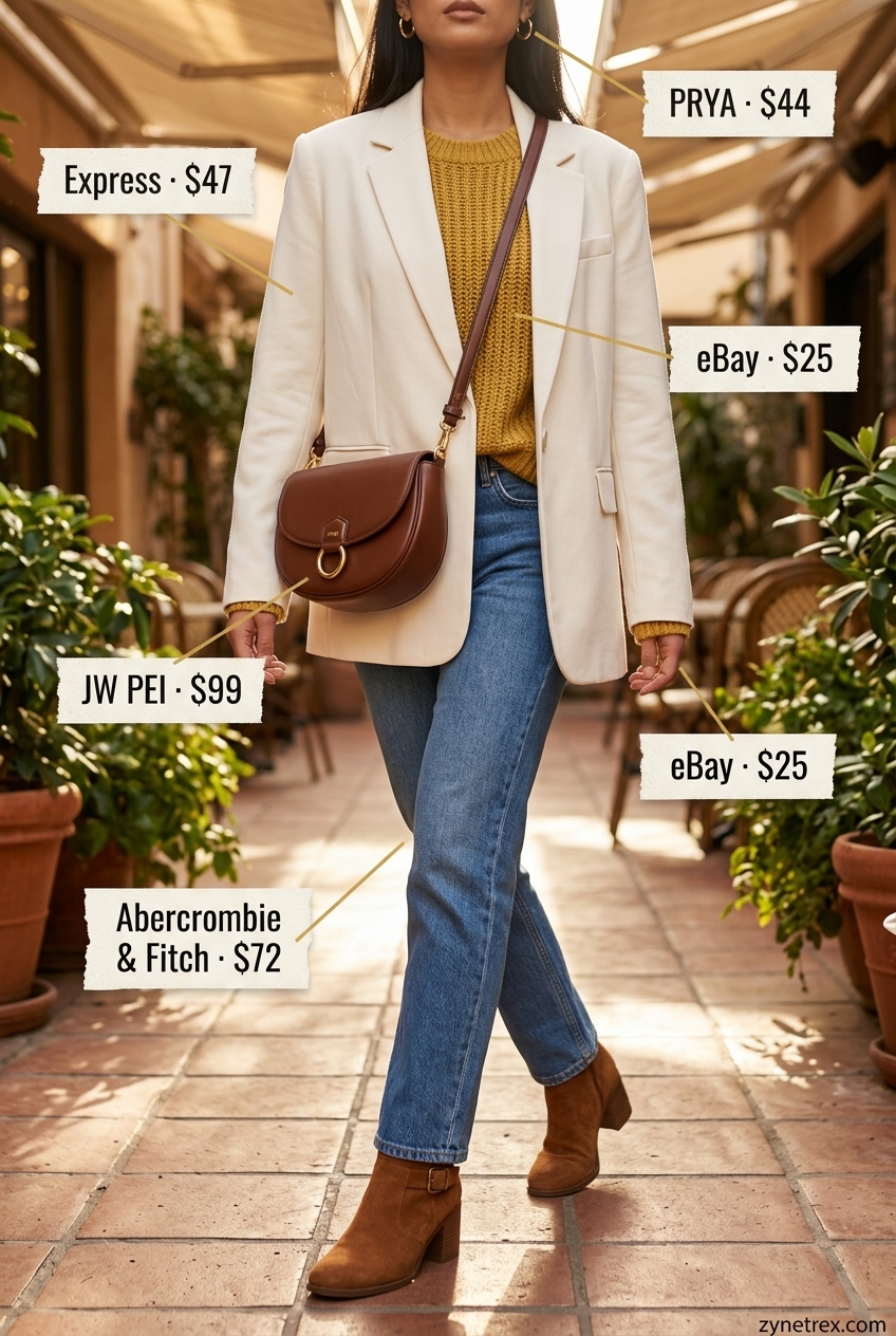 Vintage-inspired sweater, jeans, and blazer for casual summer outfits for women 2026. Mustard yellow.
