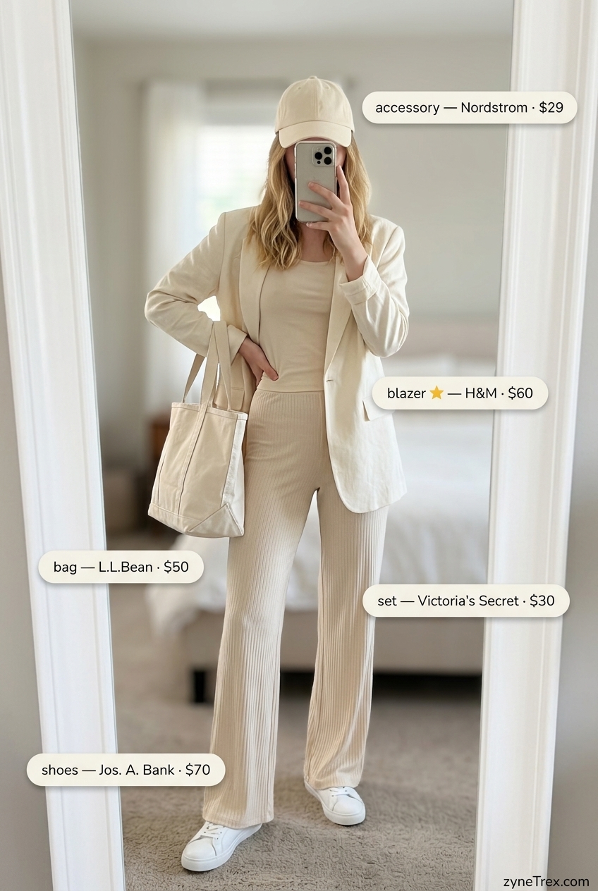 Casual summer blazer outfits for women 2026: Cream linen-viscose blazer over knit set for elevated athleisure.