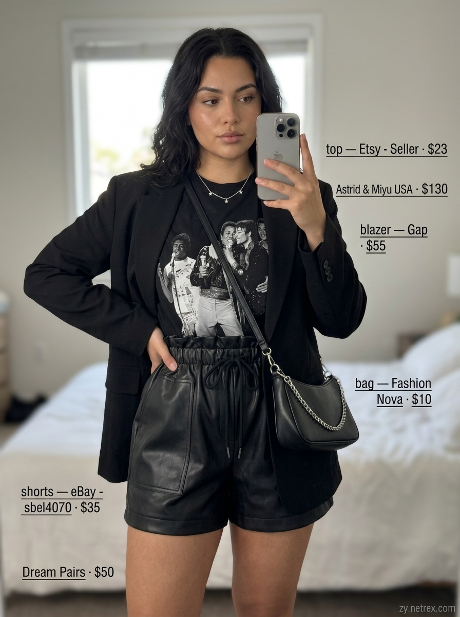 Casual summer blazer outfits for women 2026: Faux leather shorts and blazer for edgy concert style.