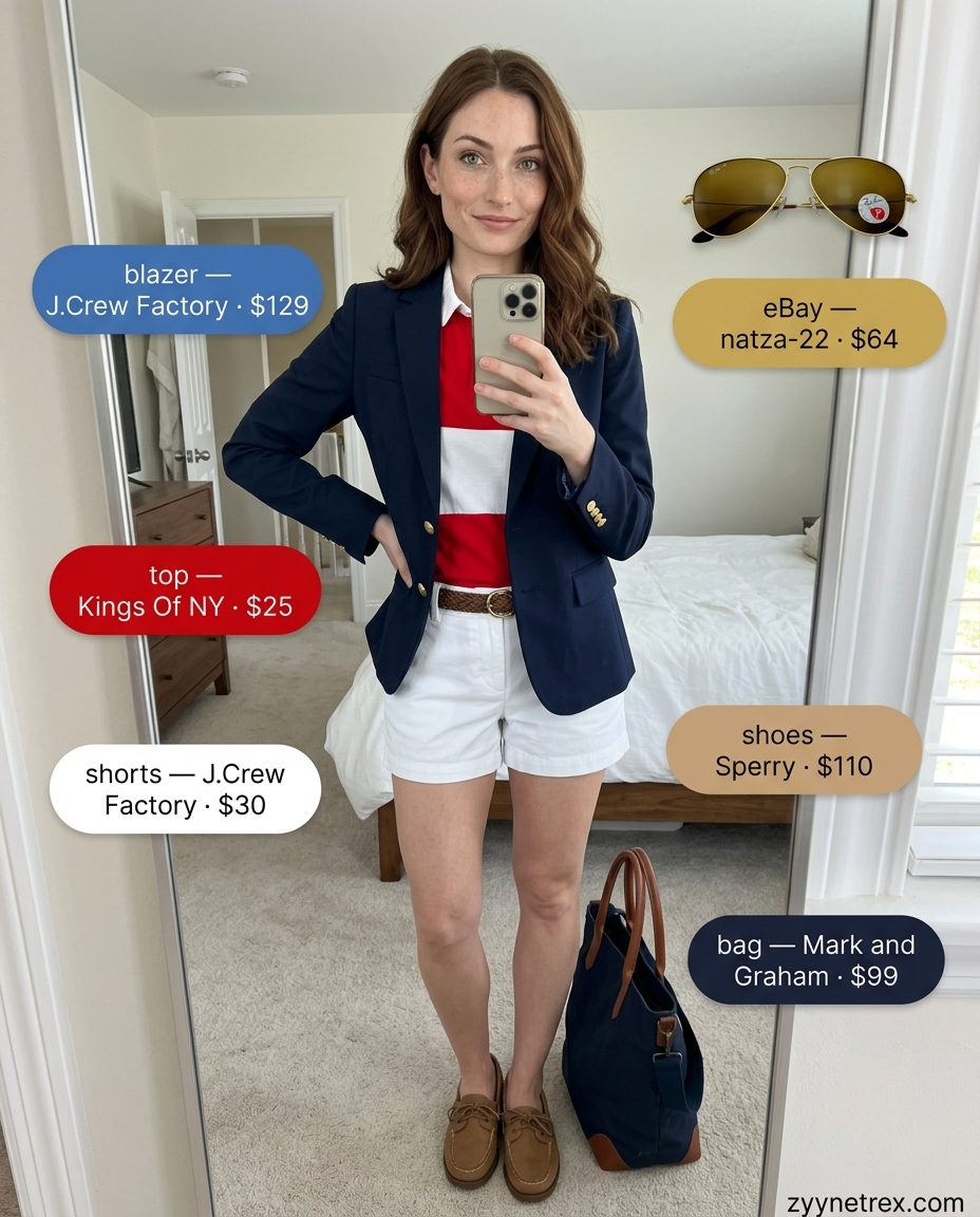Casual summer blazer outfits for women 2026: Navy blazer with chino shorts and polo for modern preppy.