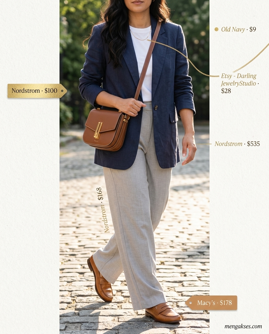 Casual summer blazer outfits for women 2026: Navy blazer with wide-leg trousers and loafers for polished casual.