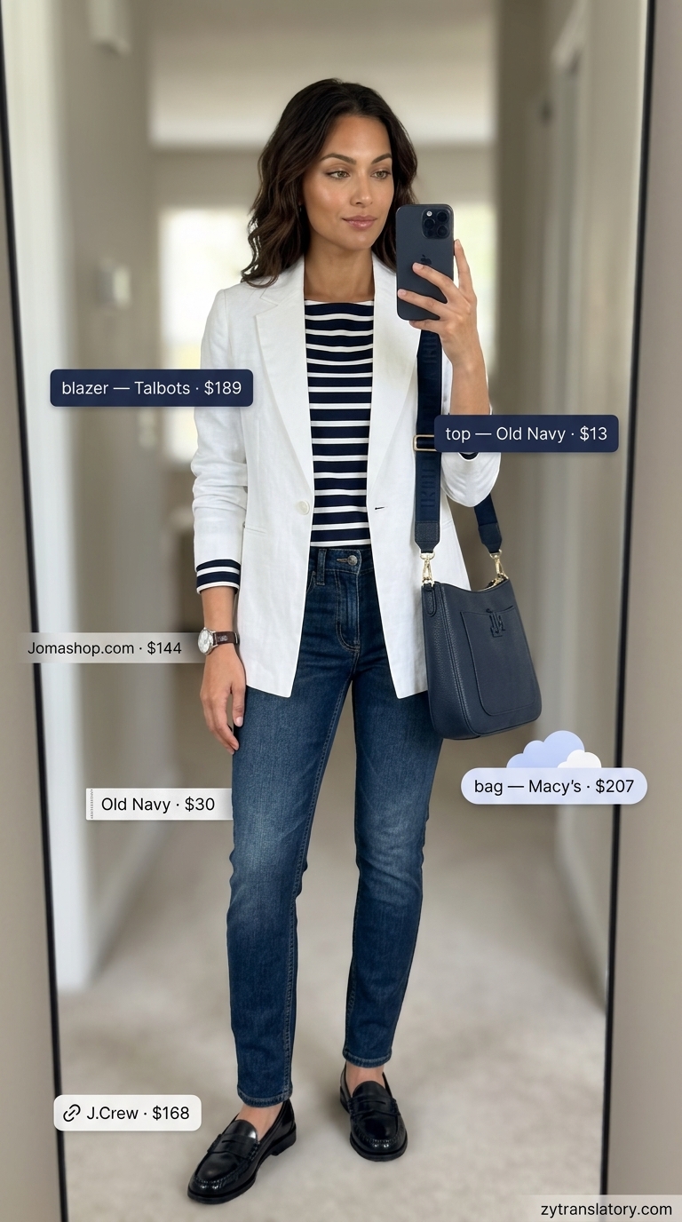 Casual summer blazer outfits for women 2026: White blazer with striped tee and dark wash jeans for smart casual.