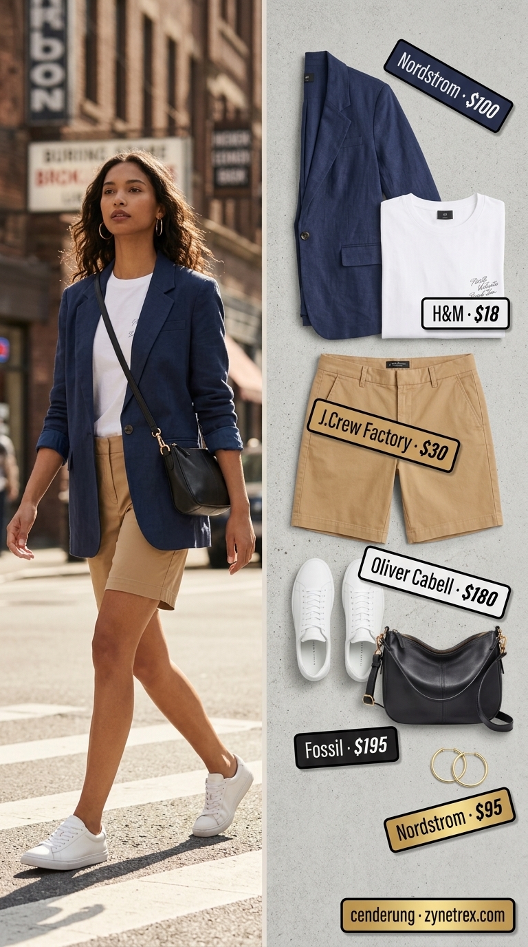 Casual summer blazer outfits for women 2026: Navy linen blazer with Bermuda shorts and graphic tee for urban explorer.