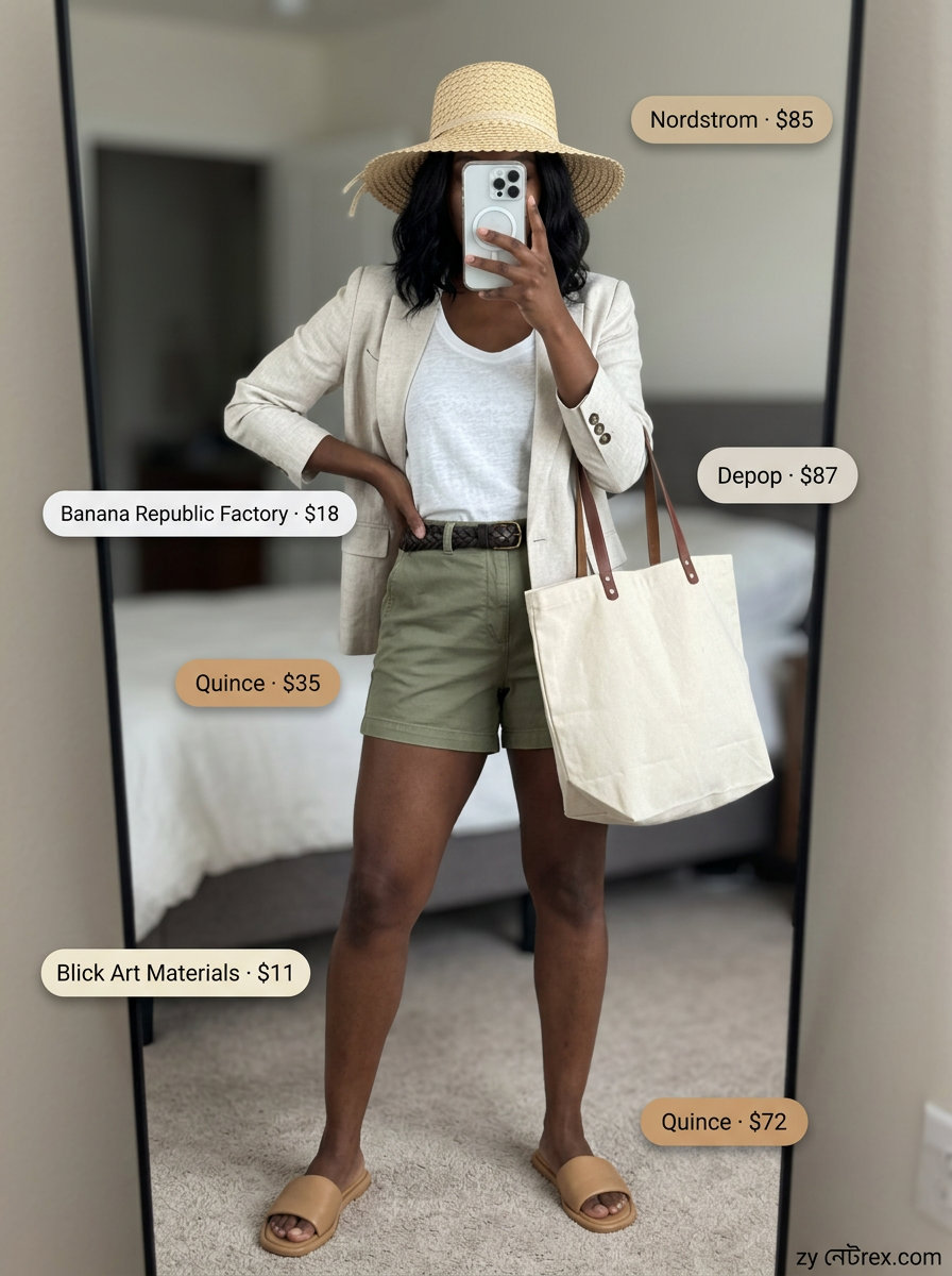 Beige linen blazer with white tank, olive shorts, and tan sandals. Casual summer blazer outfits for women 2026.