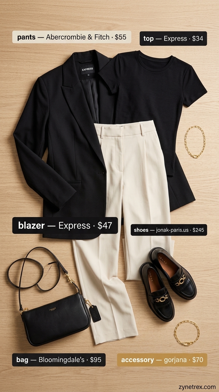 Cream trousers with black t-shirt, loafers, and shoulder bag. Casual summer blazer outfits for women 2026.