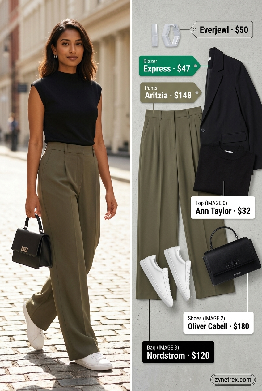 Olive green wide leg pants with black top, sneakers, and crossbody bag. Casual summer blazer outfits for women 2026.