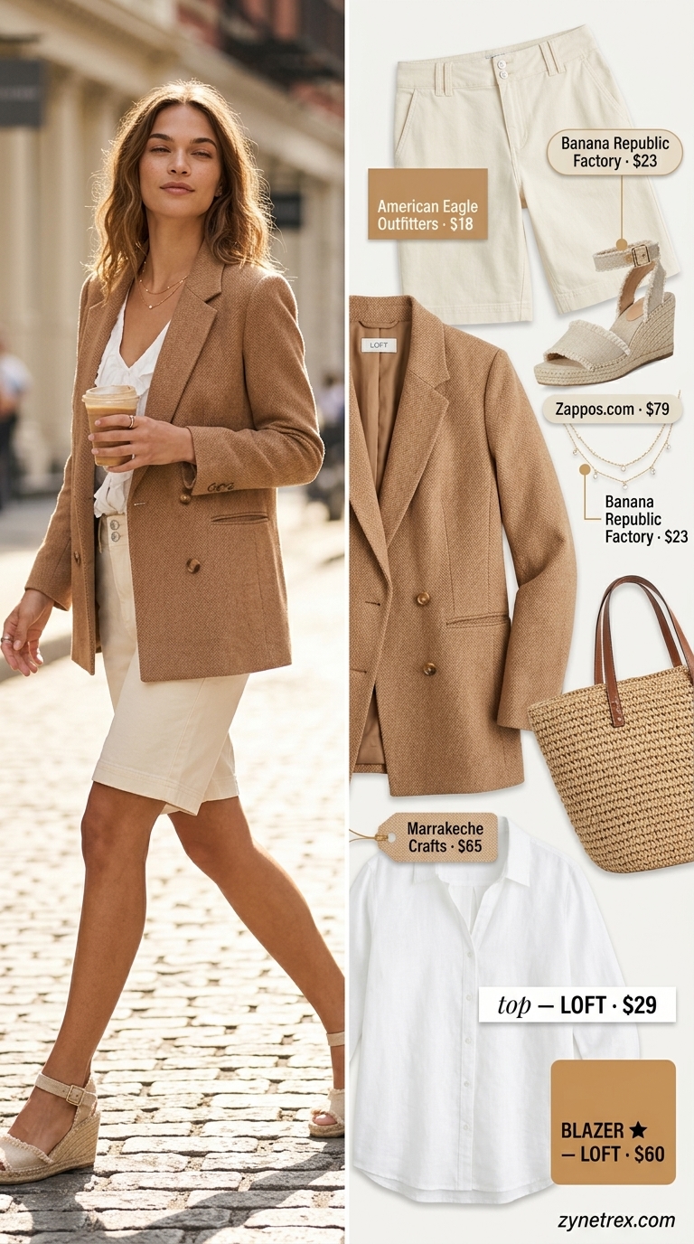 White linen shirt, beige shorts, and espadrilles. Casual summer blazer outfits for women 2026.
