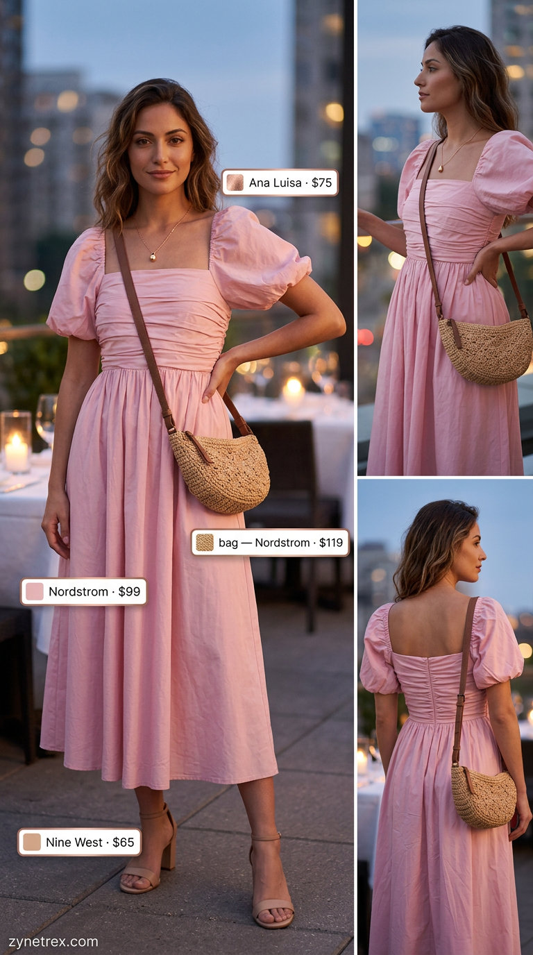 Casual Summer Date Night Outfits 2026: Blush Pink Dress Sweet blush pink smocked dress for casual summer date night outfits for women 2026.