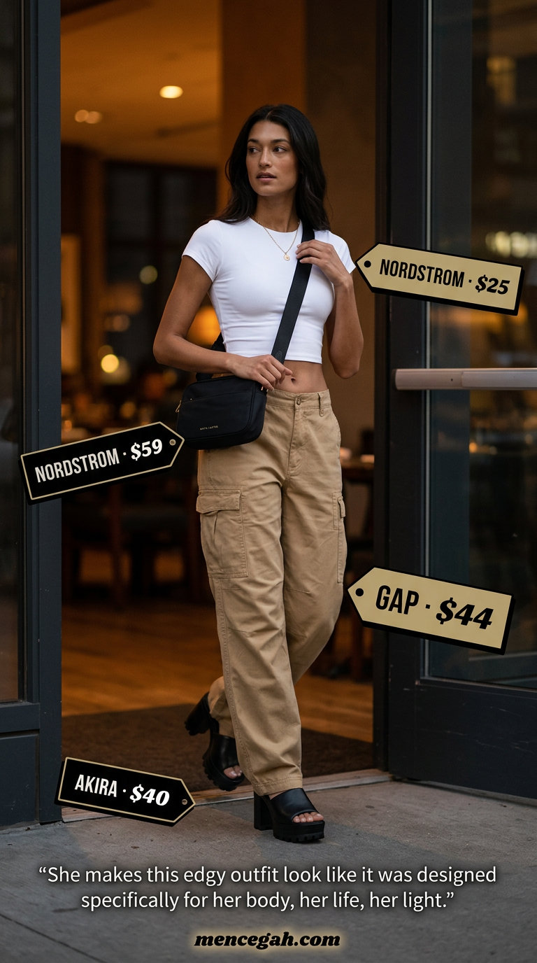 Cargo Pants: Edgy Summer Date Outfits 2026 Trendy casual summer date night outfit for women 2026: Khaki cargo pants, white cropped tee, platform sandals, and crossbody bag.
