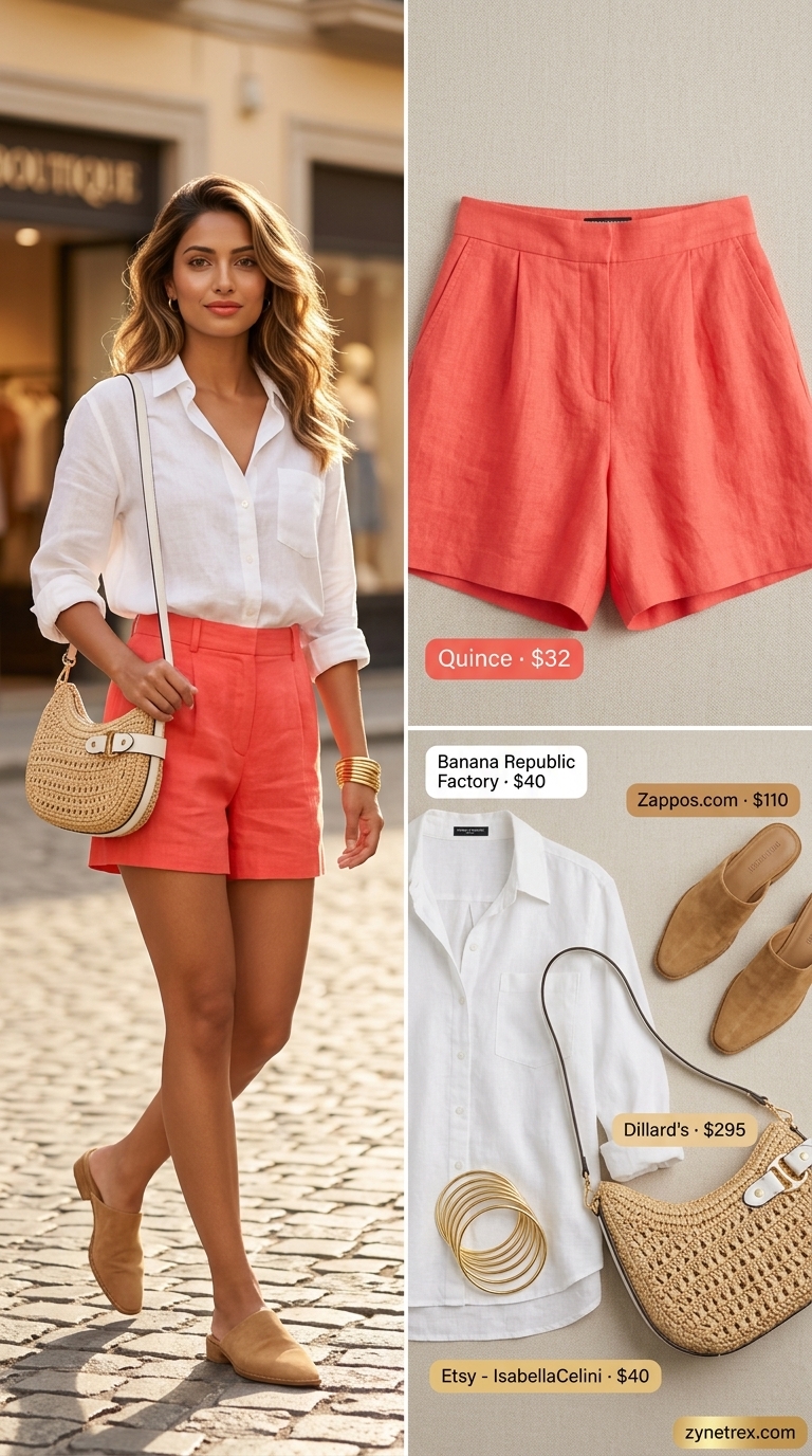 Casual Summer Date Night Outfits 2026: Coral Linen Shorts Chic coral linen shorts and white oversized shirt for casual summer date night outfits for women 2026.