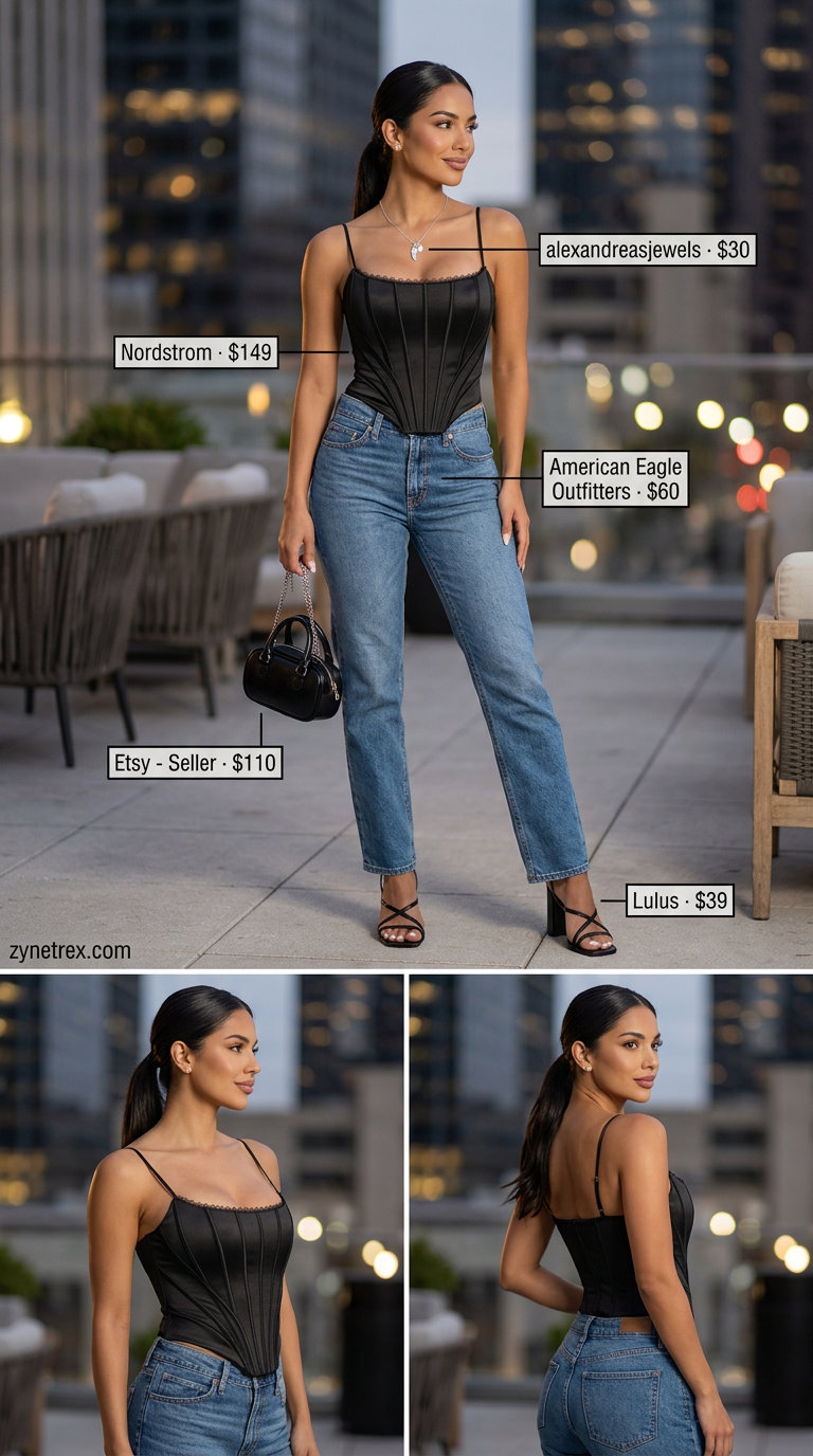 Casual Summer Date Night Outfits 2026: Denim & Corset Top Edgy denim jeans with black corset top for casual summer date night outfits for women 2026.