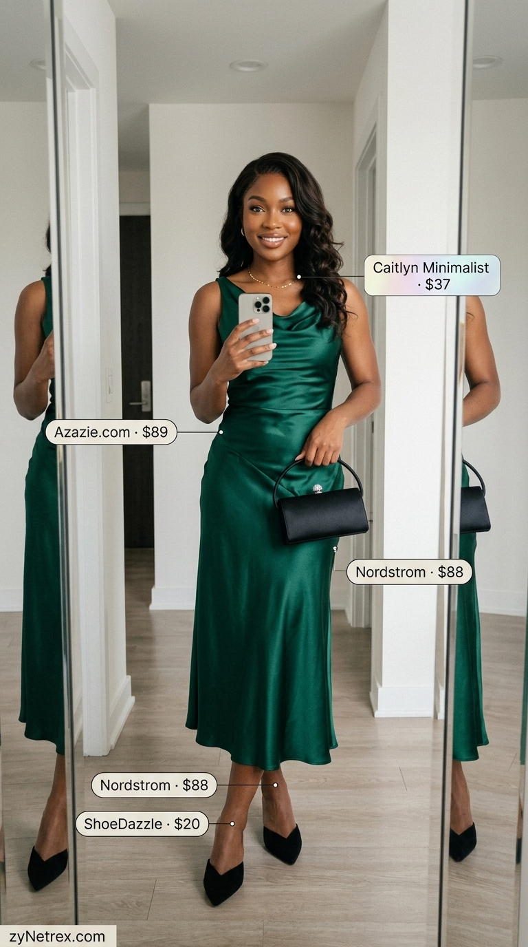 Satin Slip Dress: Elegant Summer Date Outfits 2026 Sophisticated casual summer date night outfit for women 2026: Emerald green satin slip dress, heeled mules, and clutch.