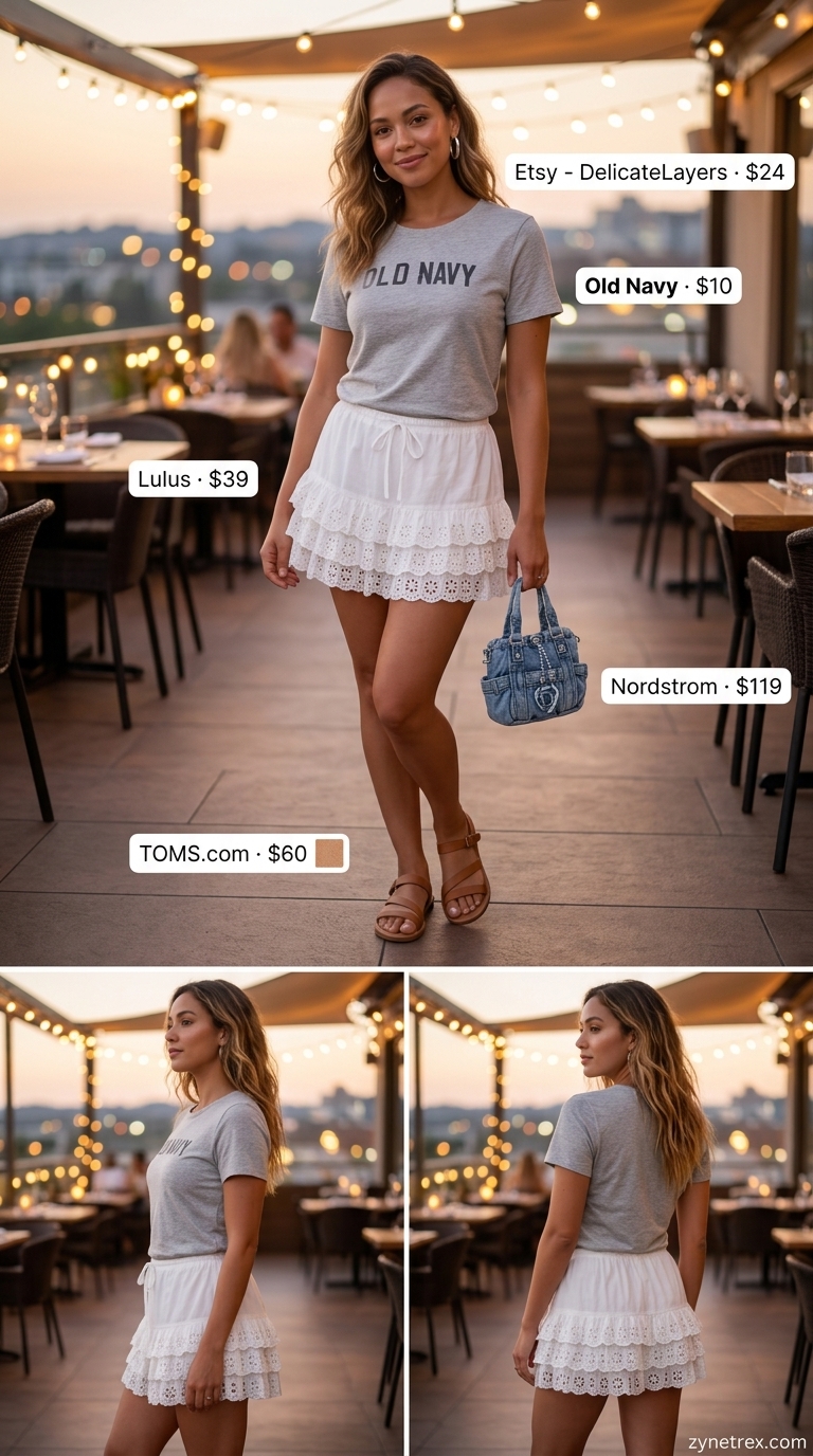 Eyelet Skirt: Casual Summer Date Outfits 2026 Playful casual summer date night outfit for women 2026: White eyelet skirt, graphic tee, denim bag, and flat sandals.