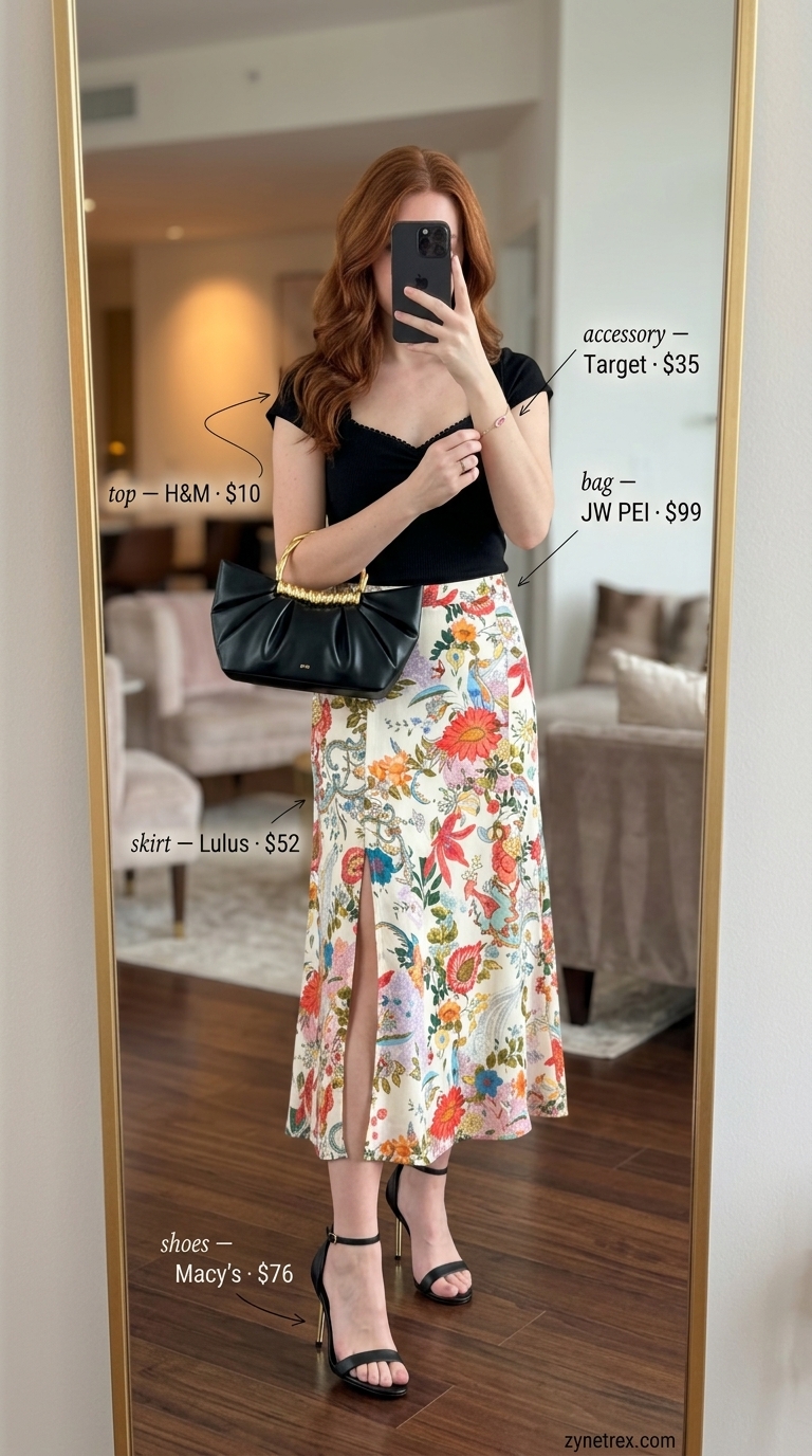 Sweetheart Skirt: Romantic Date Night Outfits 2026 Romantic casual summer date night outfit for women 2026: Floral midi skirt, black sweetheart top, heeled sandals, and clutch.
