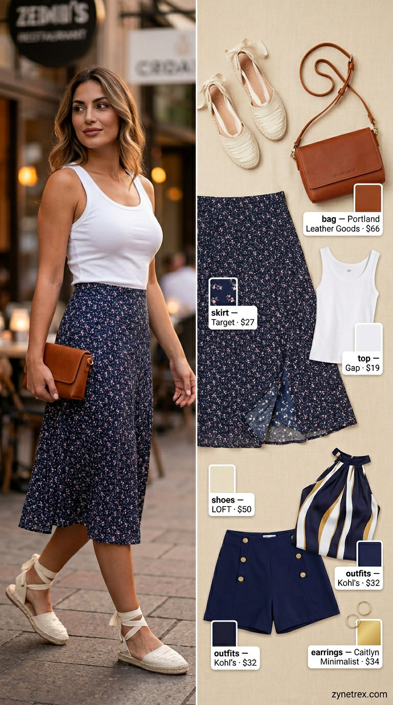 Casual Summer Date Night Outfits 2026: Floral Midi Skirt Romantic navy floral midi skirt with white tank for casual summer date night outfits for women 2026.