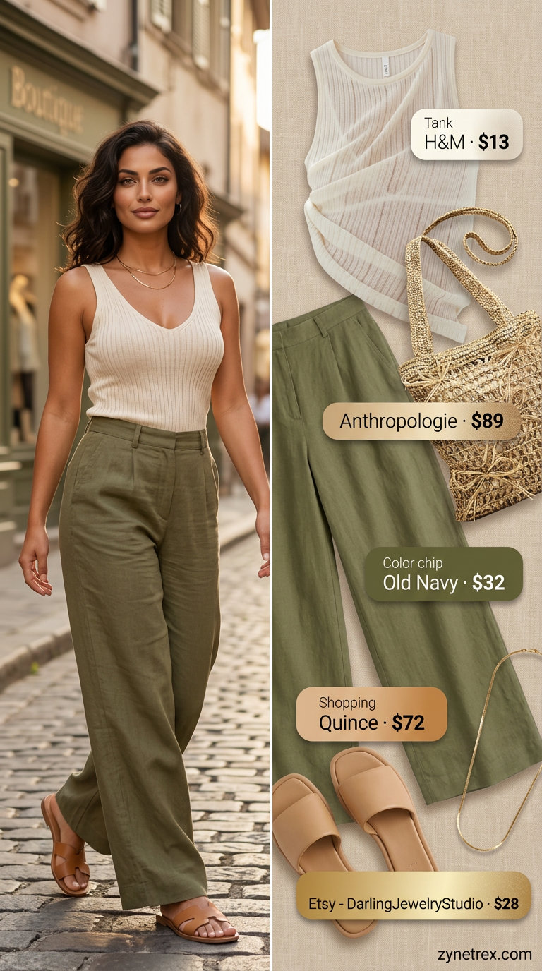 Casual Summer Date Night Outfits 2026: Linen Pants Chic olive green linen pants and cream tank for casual summer date night outfits for women 2026.