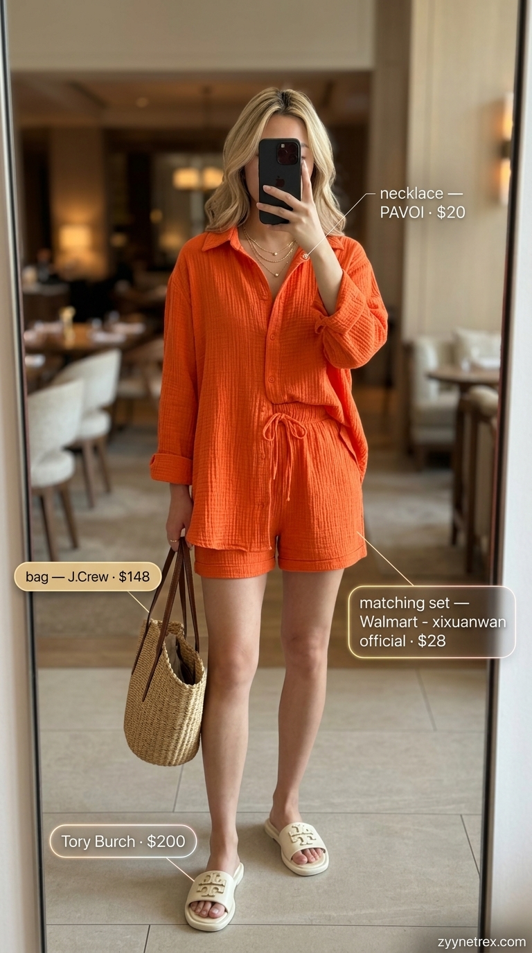 Casual Summer Date Night Outfits 2026: Linen Shorts Set Effortless terracotta linen shorts set with cream slides for casual summer date night outfits for women 2026.