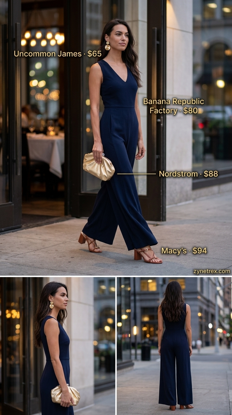 Casual Summer Date Night Outfits 2026: Navy Jumpsuit Elegant navy wide-leg jumpsuit for casual summer date night outfits for women 2026.