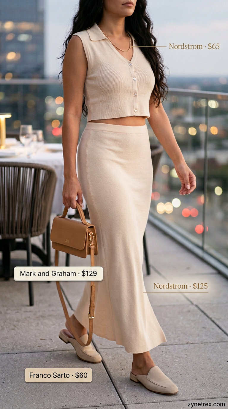 Monochrome Set: Chic Summer Date Outfits 2026 Chic casual summer date night outfit for women 2026: Cream ribbed knit set, heeled mules, and top-handle bag.