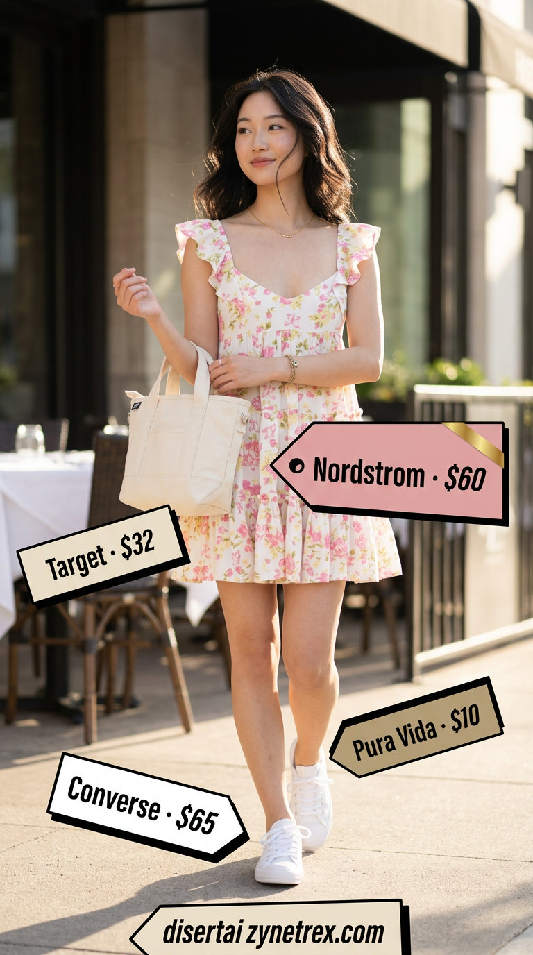 Sweetheart Sundress: Casual Summer Date Outfits 2026 Casual summer date night outfit for women 2026: White floral mini sundress, straw tote, and sneakers for a sweet daytime look.