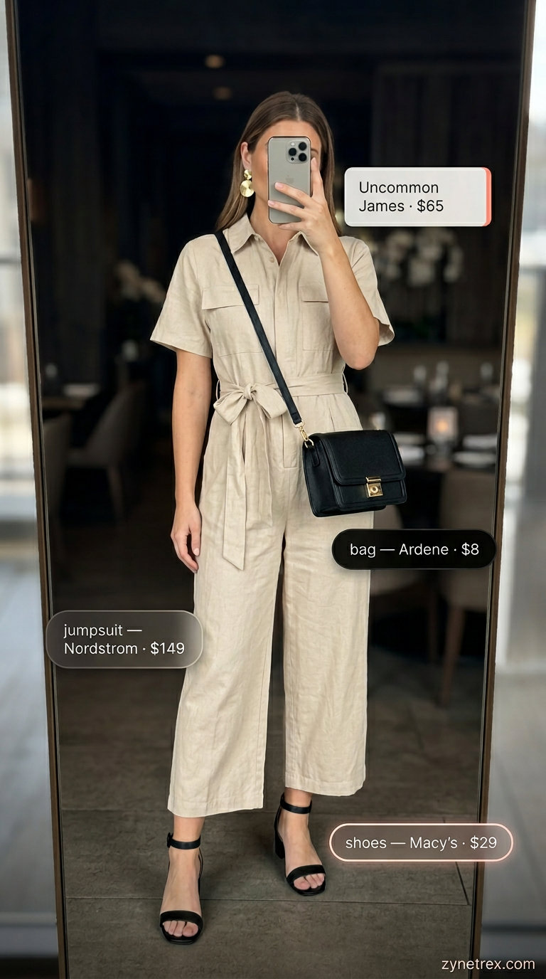 Chic Jumpsuit: Effortless Summer Date Outfits 2026 Modern casual summer date night outfit for women 2026: Stone beige utility jumpsuit, block heels, and crossbody bag.
