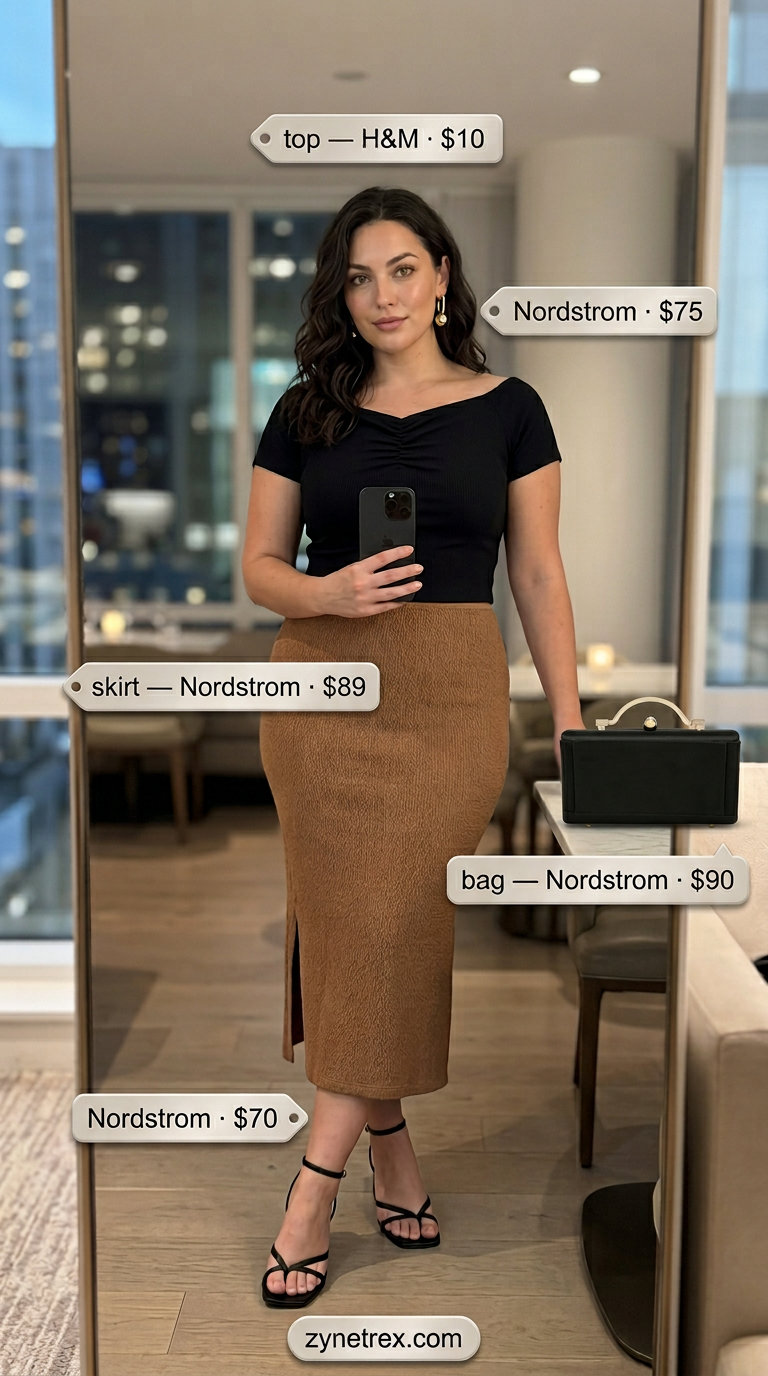 Monochrome Summer Date Night Outfits 2026 Black midi pencil skirt with ribbed top & heeled sandals for casual summer date night outfits for women 2026.