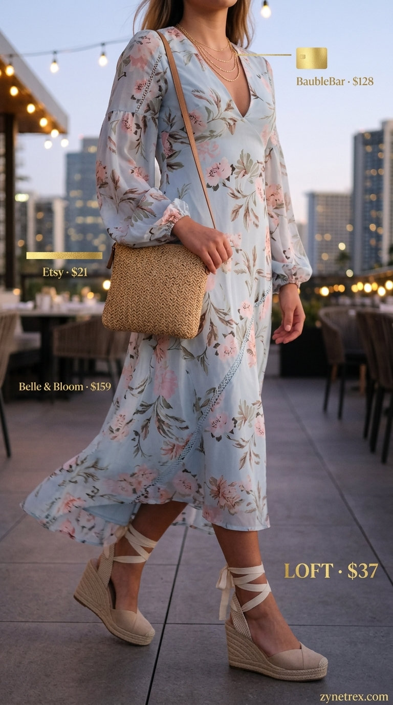 Blush pink tiered maxi dress with espadrille wedges for casual summer date night outfits for women 2026.