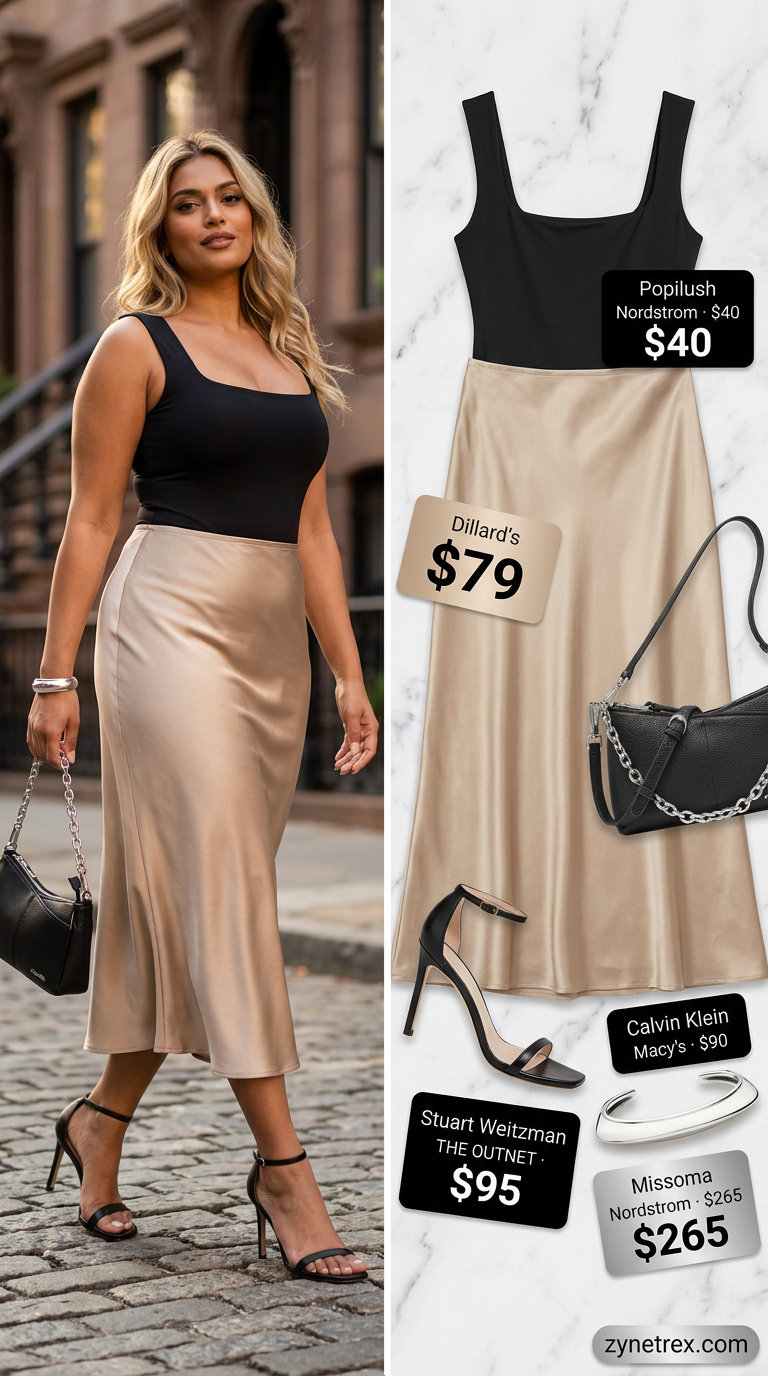 Sophisticated Summer Date Night Outfits 2026 Champagne satin midi skirt with black bodysuit & silver heels for casual summer date night outfits for women 2026.