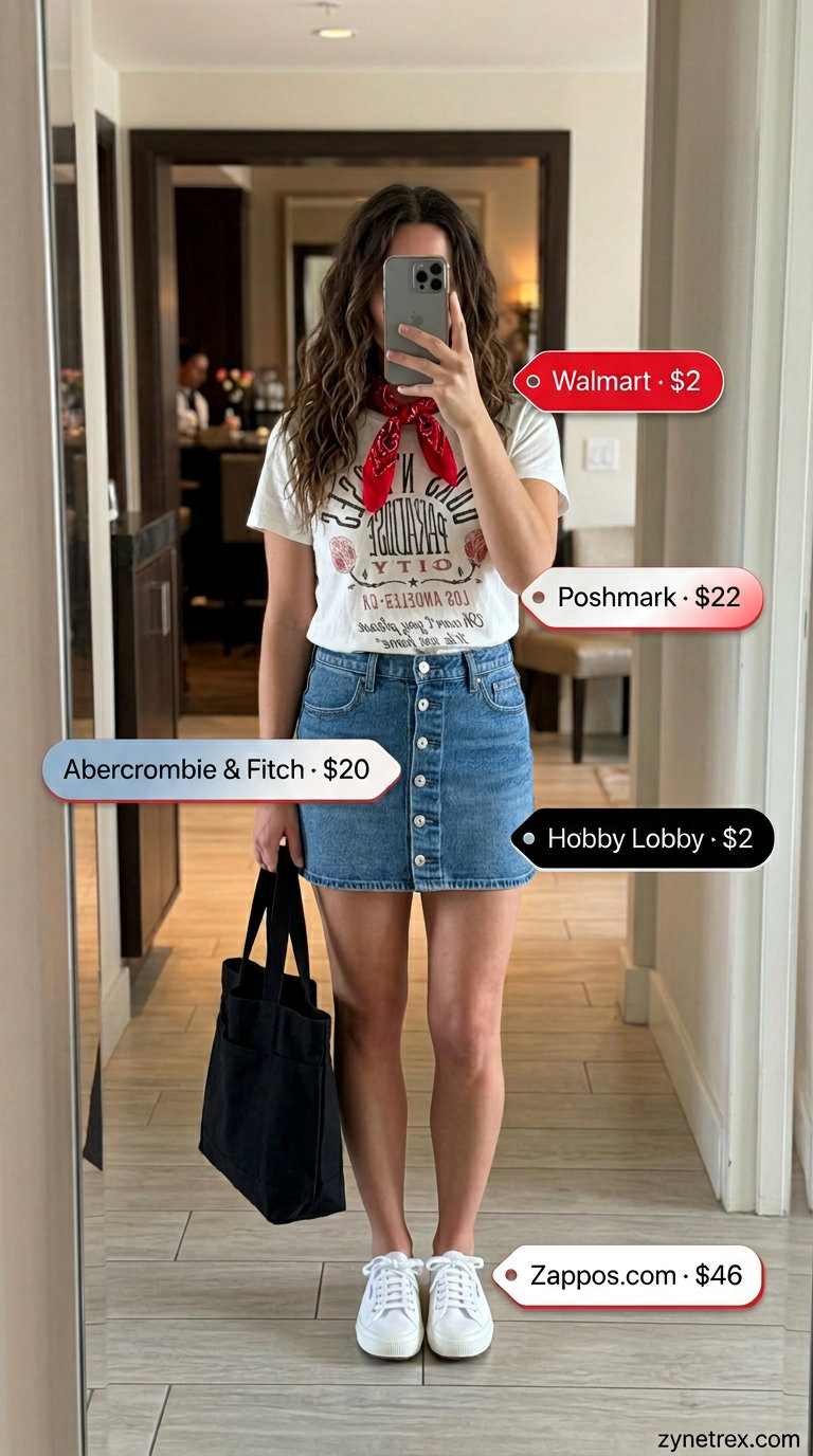 Cool Denim Summer Date Outfits 2026 Denim mini skirt with graphic tee & white sneakers for casual summer date night outfits for women 2026.